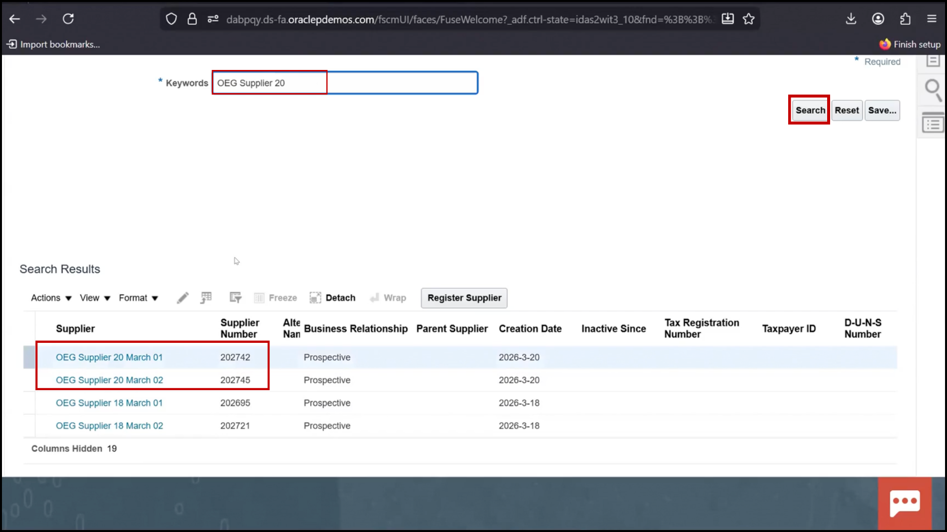 Oracle Fusion Applications screen confirming that a new supplier has been created successfully