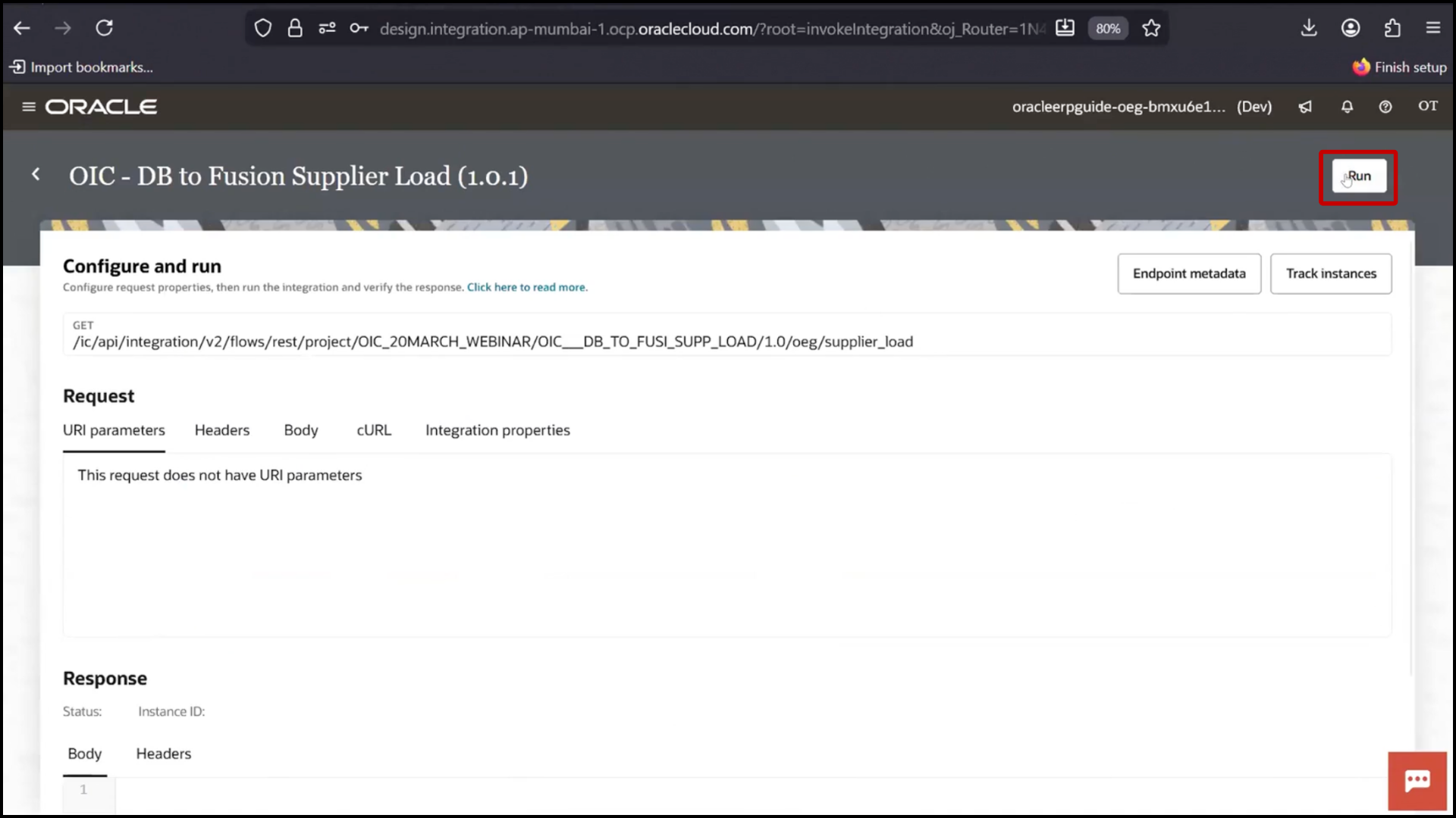 OIC integration screen navigating back to Oracle Integration Cloud and clicking Run to execute the integration