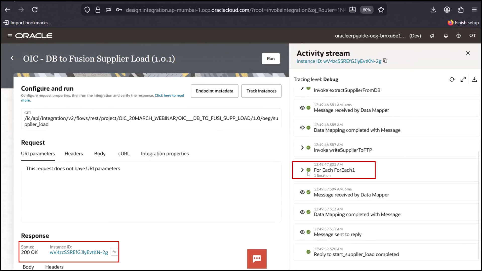 OIC integration run screen waiting for the execution to complete in Oracle Integration Cloud (OIC)