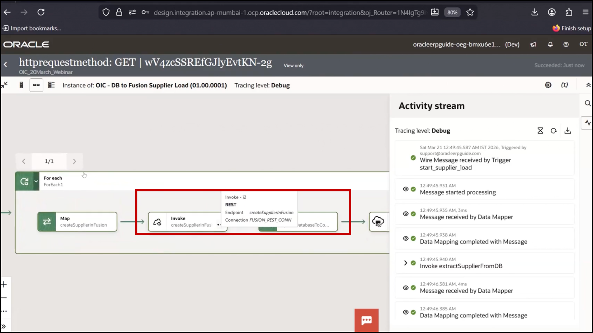 OIC monitoring screen verifying that the For Each loop executed multiple times based on the number of records in Oracle Integration Cloud (OIC)