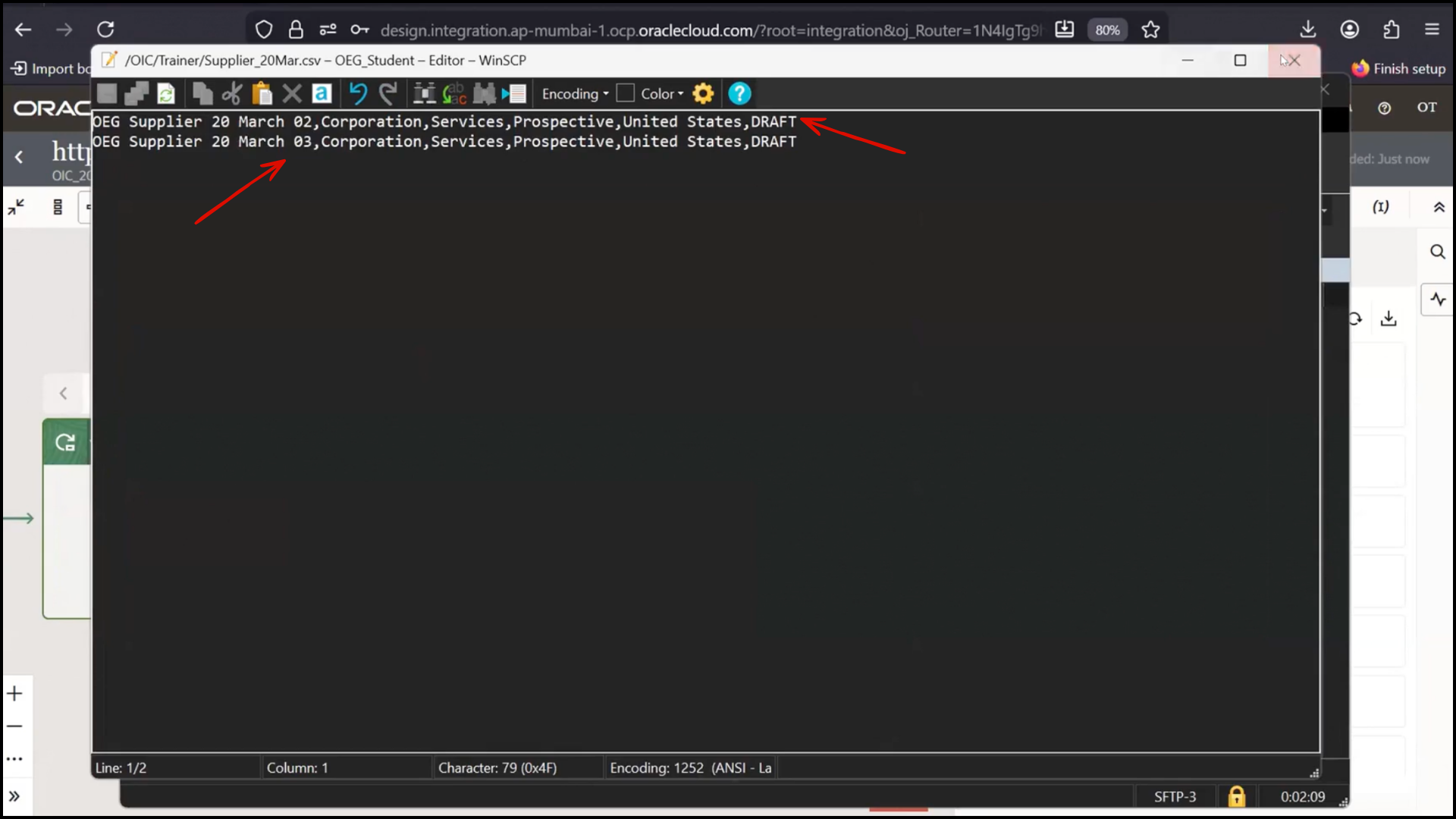 OIC monitoring screen confirming all records are marked as Completed and checking the FTP output file in Oracle Integration Cloud (OIC)