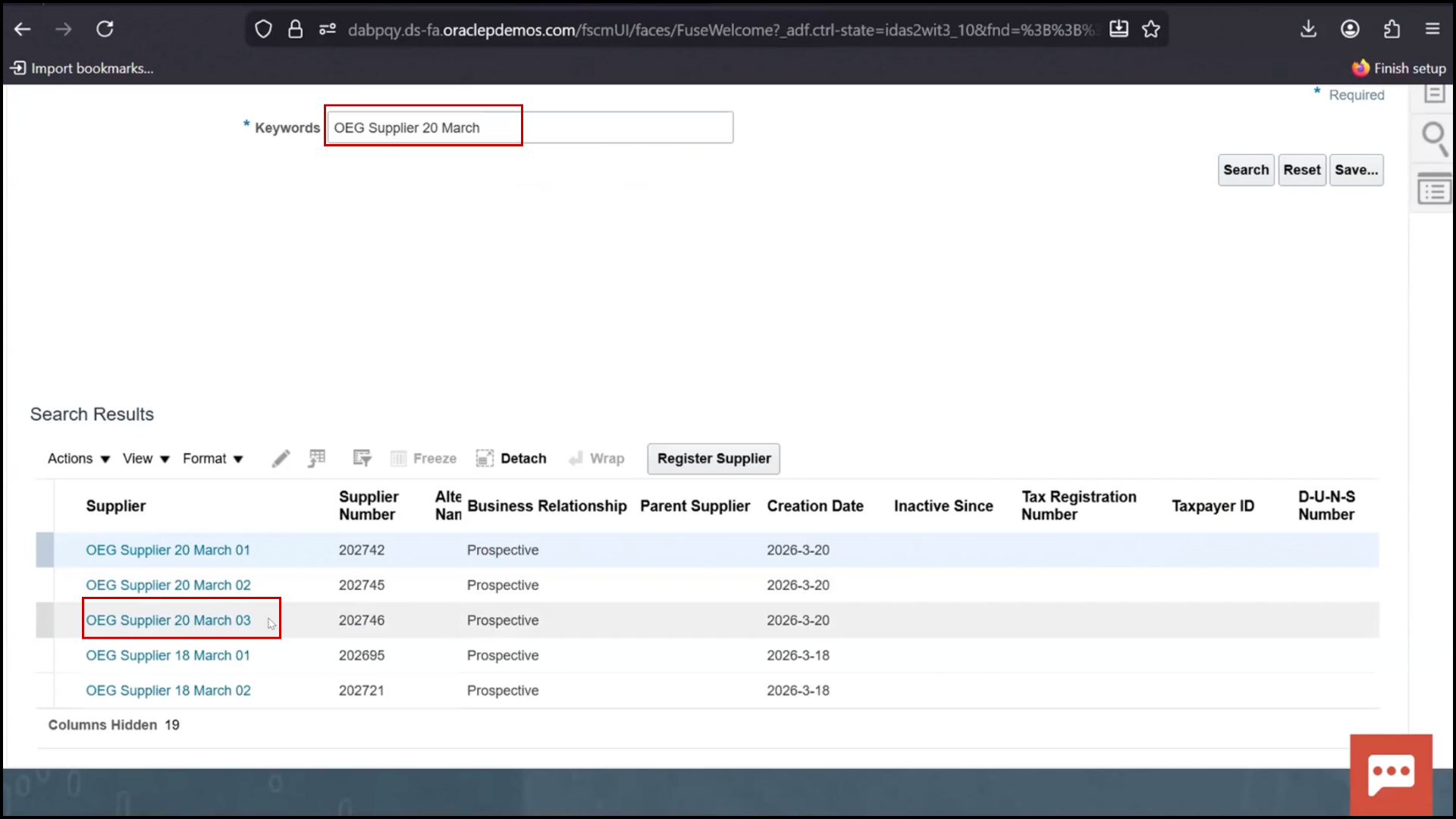 Oracle Fusion Applications screen verifying that all new supplier records have been created successfully