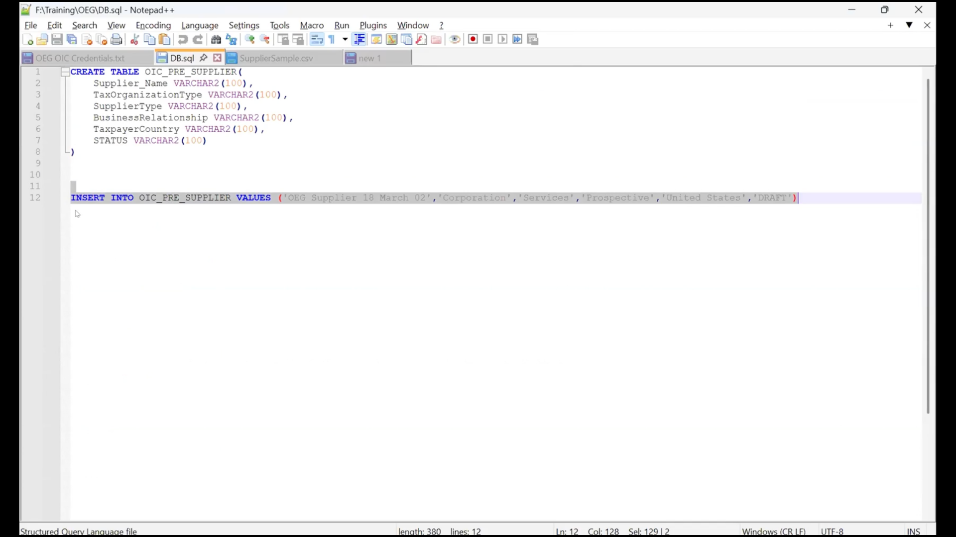 Inserting new record in database using SQL tool in OIC instance