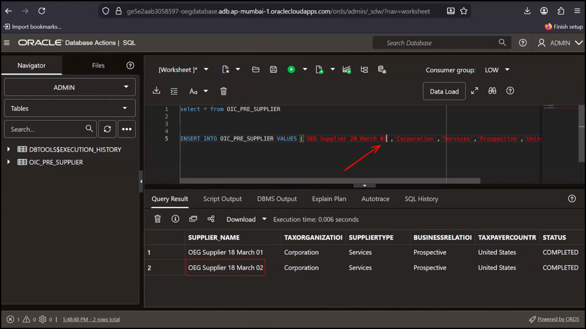 Reviewing supplier fields and updating supplier name in OIC database insert script