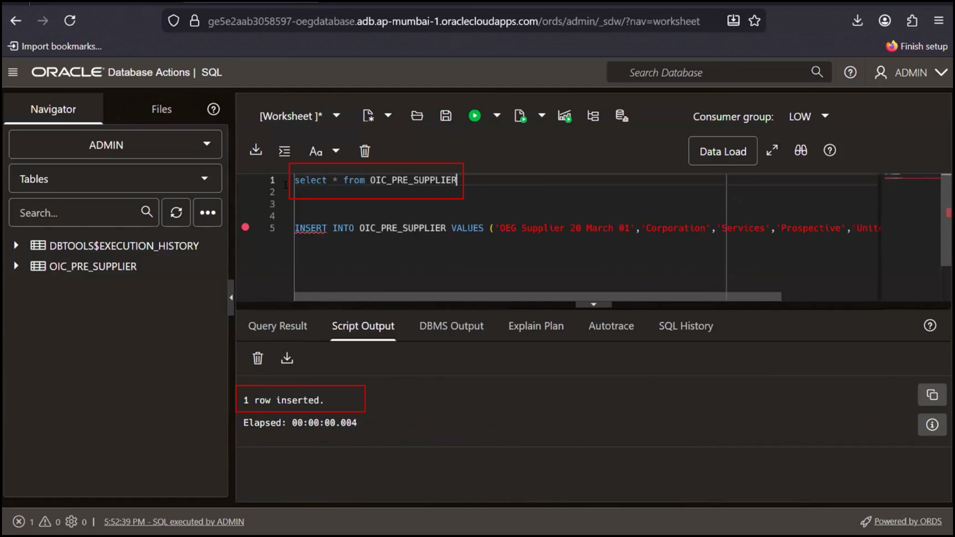 Verifying insert script output showing one row inserted in OIC SQL tool