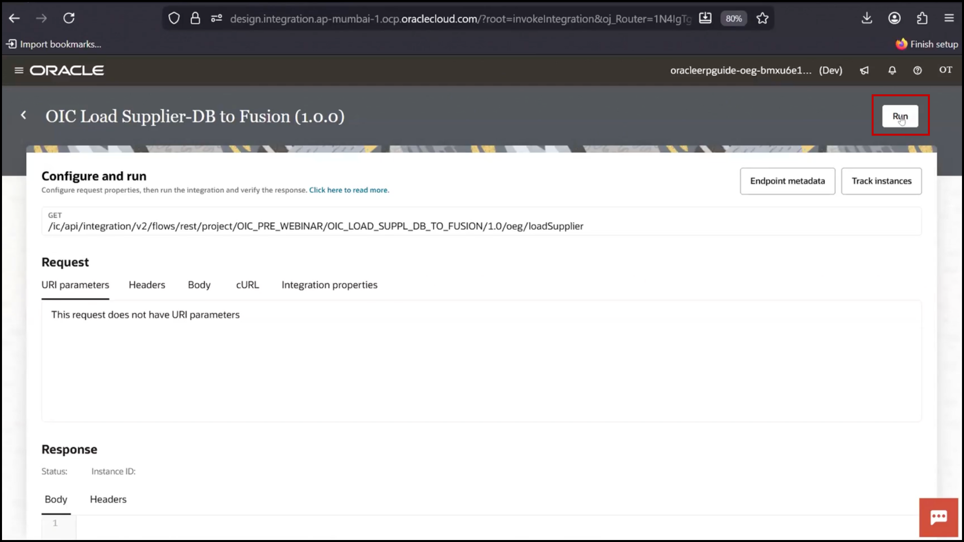 Click "Run Execute" to insert record in OIC SQL tool