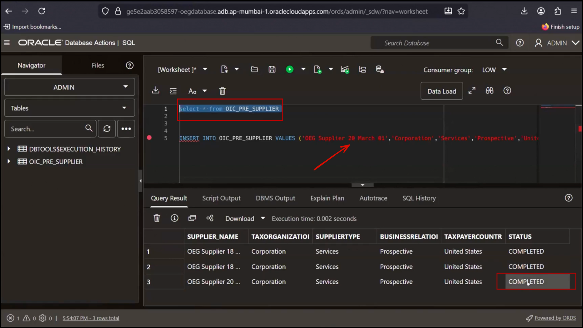 Status updated from Draft to Completed in OIC database after integration