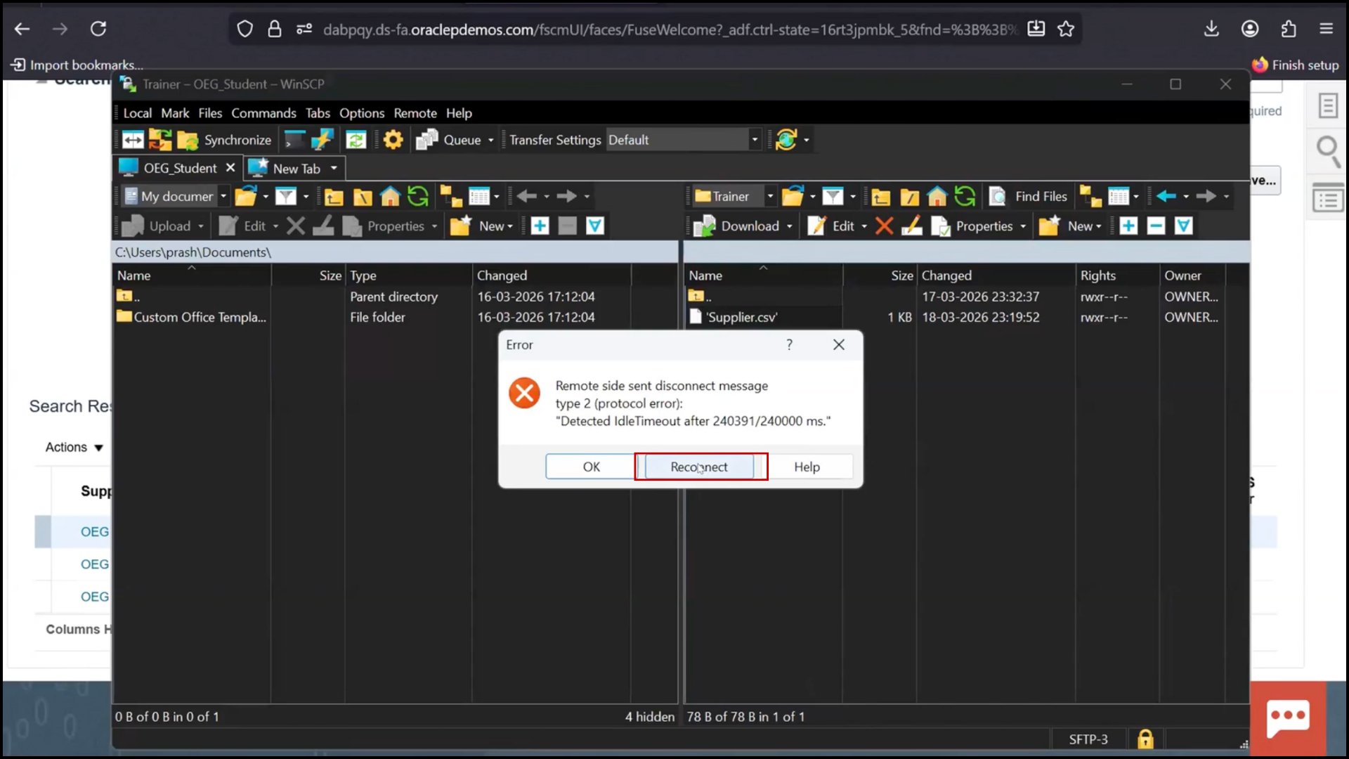 Reconnecting to FTP tool to verify file update after OIC integration