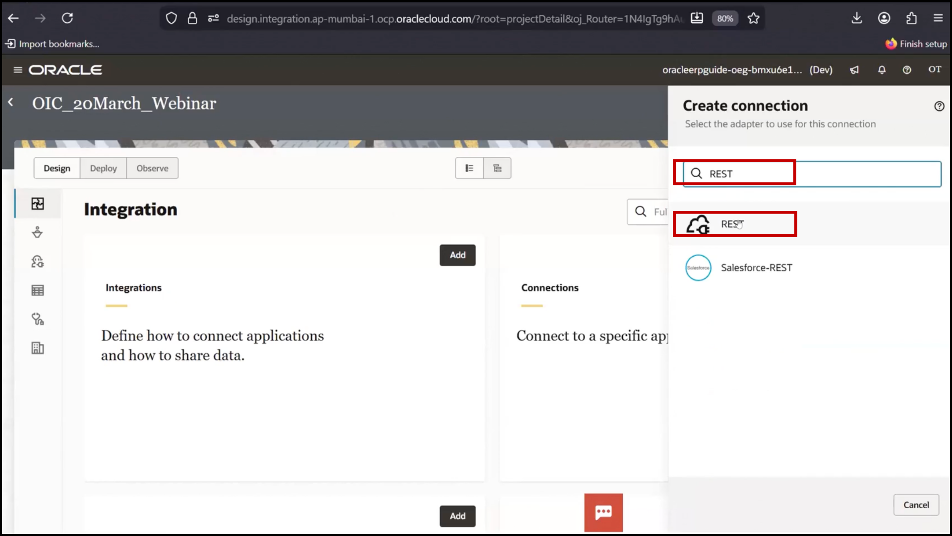 OIC connections screen: selecting REST Adapter in Oracle Integration Cloud (OIC)