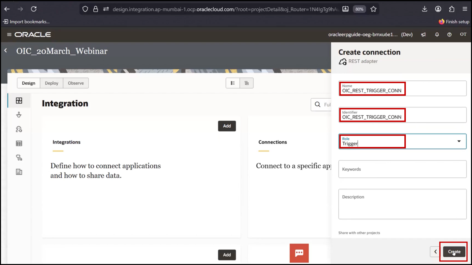 OIC connections screen clicking Create to add new connection in Oracle Integration Cloud (OIC)