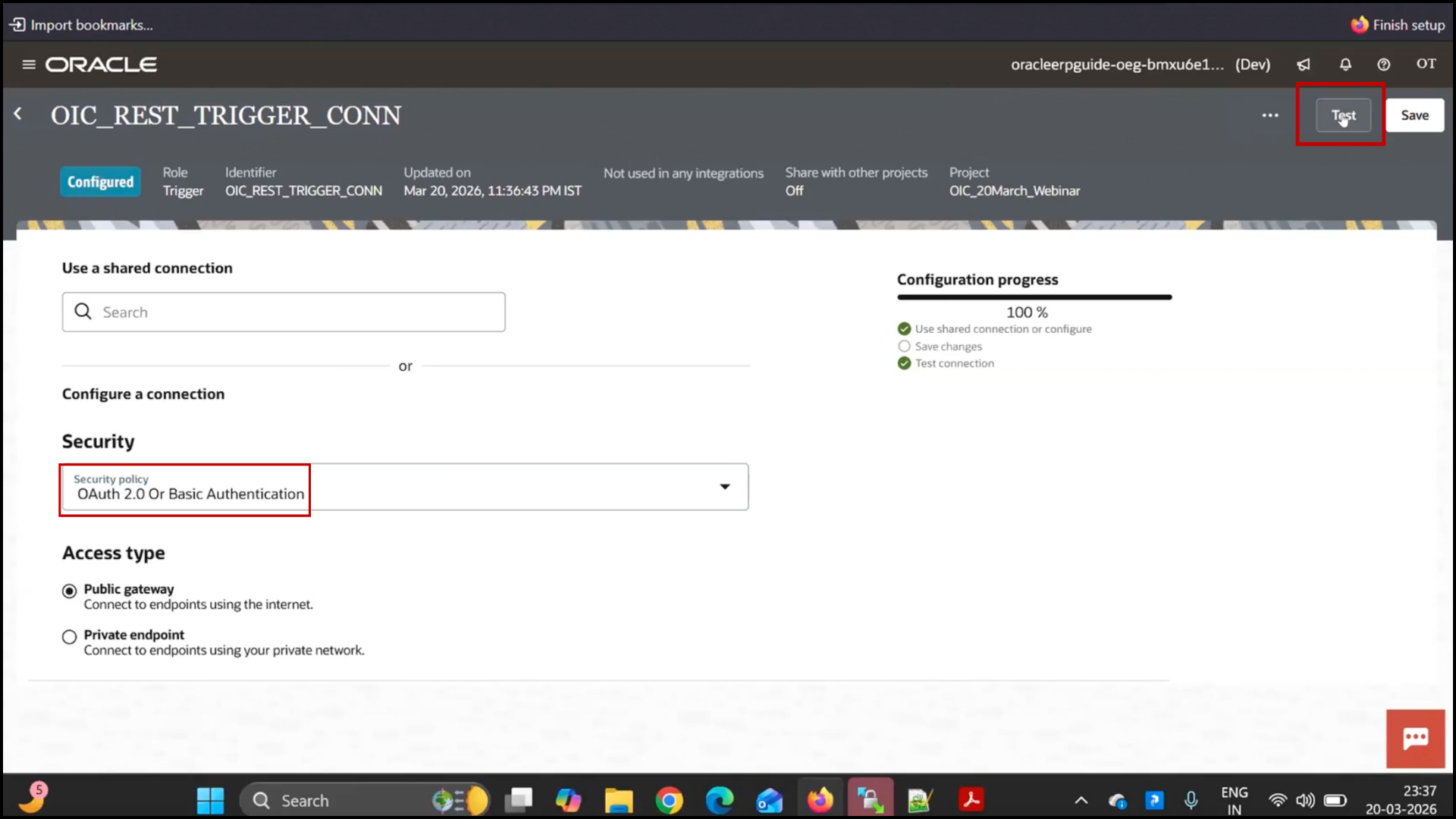 OIC connection configuration screen clicking Test to validate connection in Oracle Integration. Cloud service