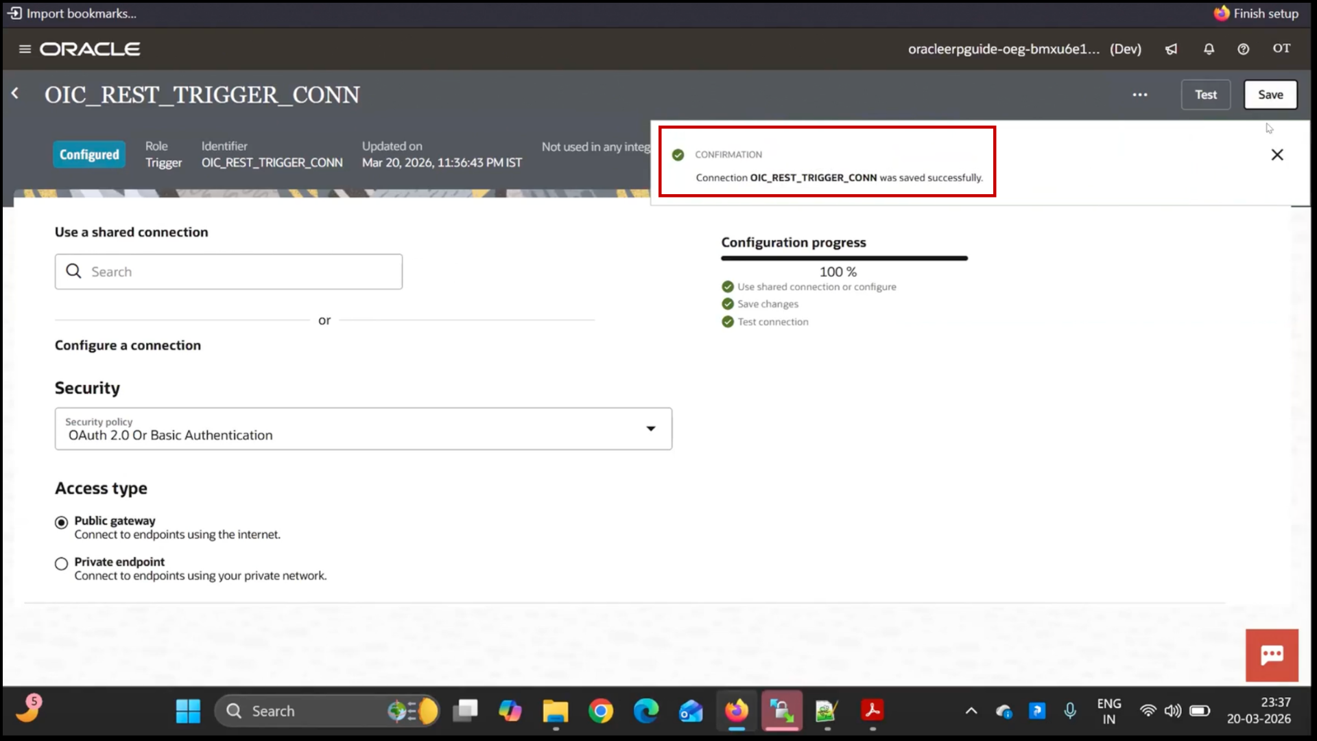 OIC connection test status showing 100% complete and saving connection in Oracle Integration Cloud (OIC)
