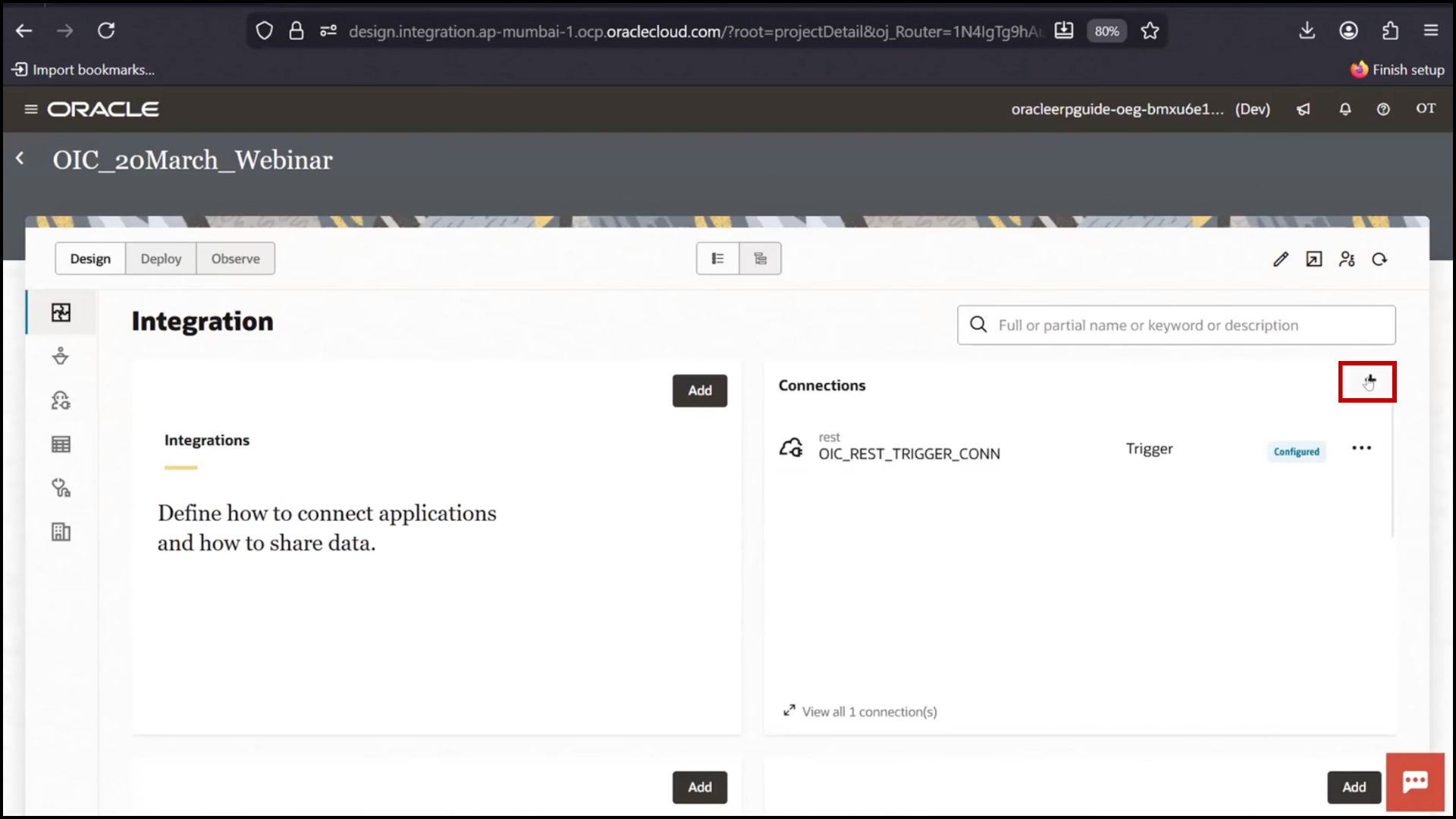 OIC connections screen clicking Create a setup for ATP database connection in Oracle Integration Cloud (OIC)