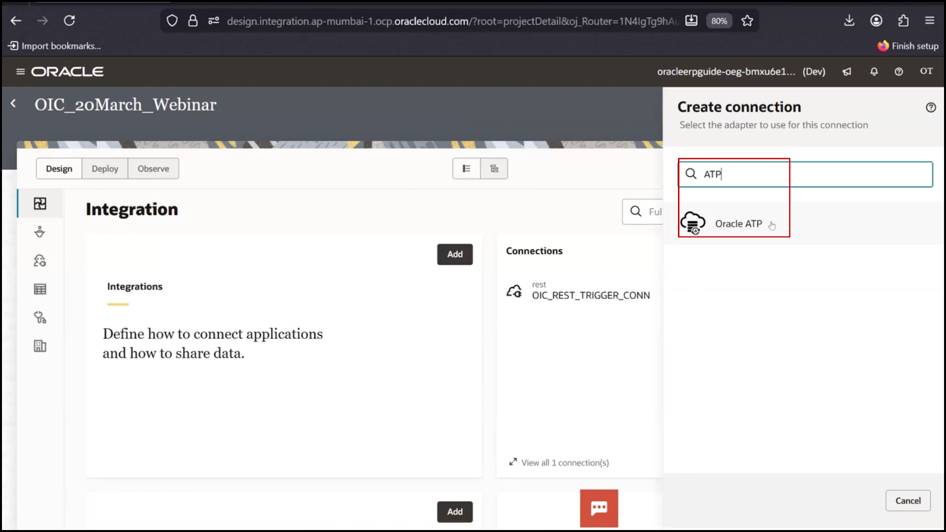 OIC connections screen: selecting Oracle ATP Adapter for database integration in Oracle Integration Cloud (OIC)