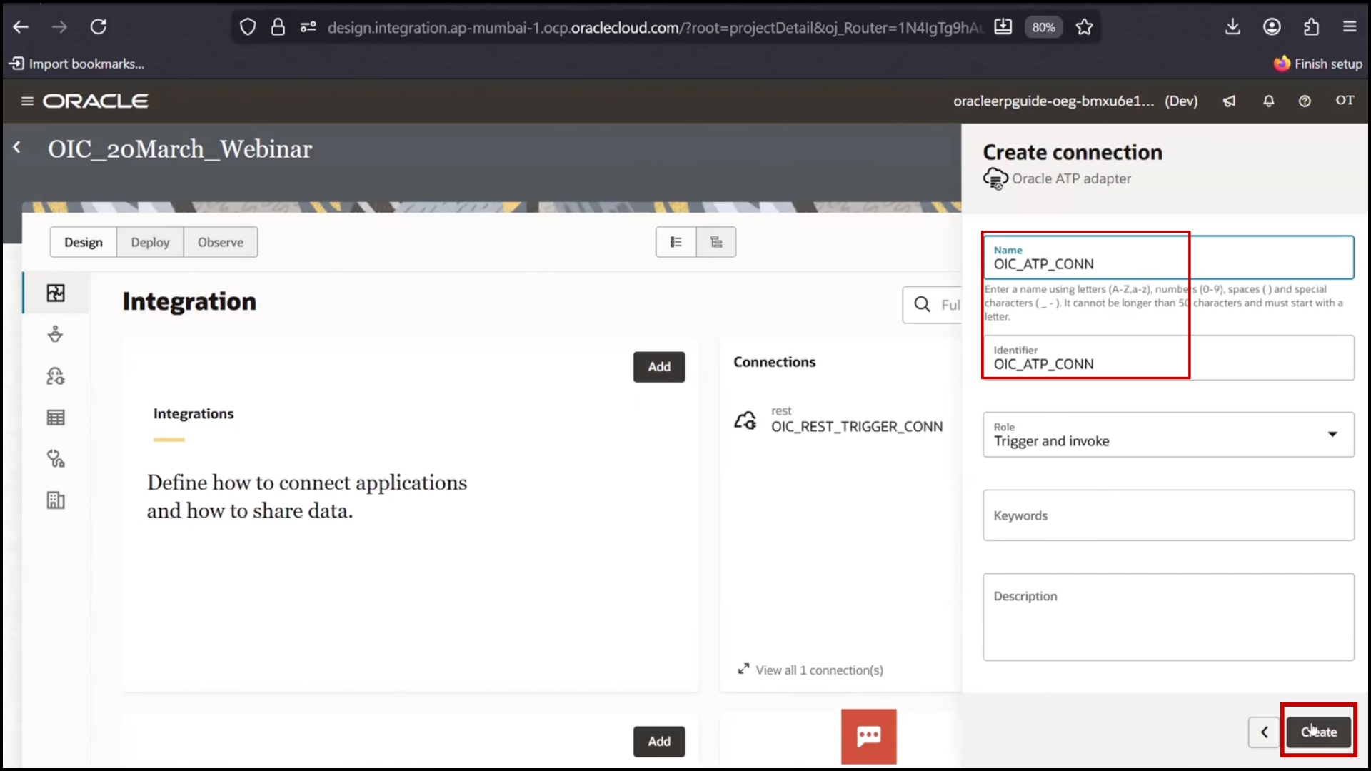 OIC connection setup screen selecting Trigger and Invoke role and clicking Create in Oracle Integration Cloud (OIC)
