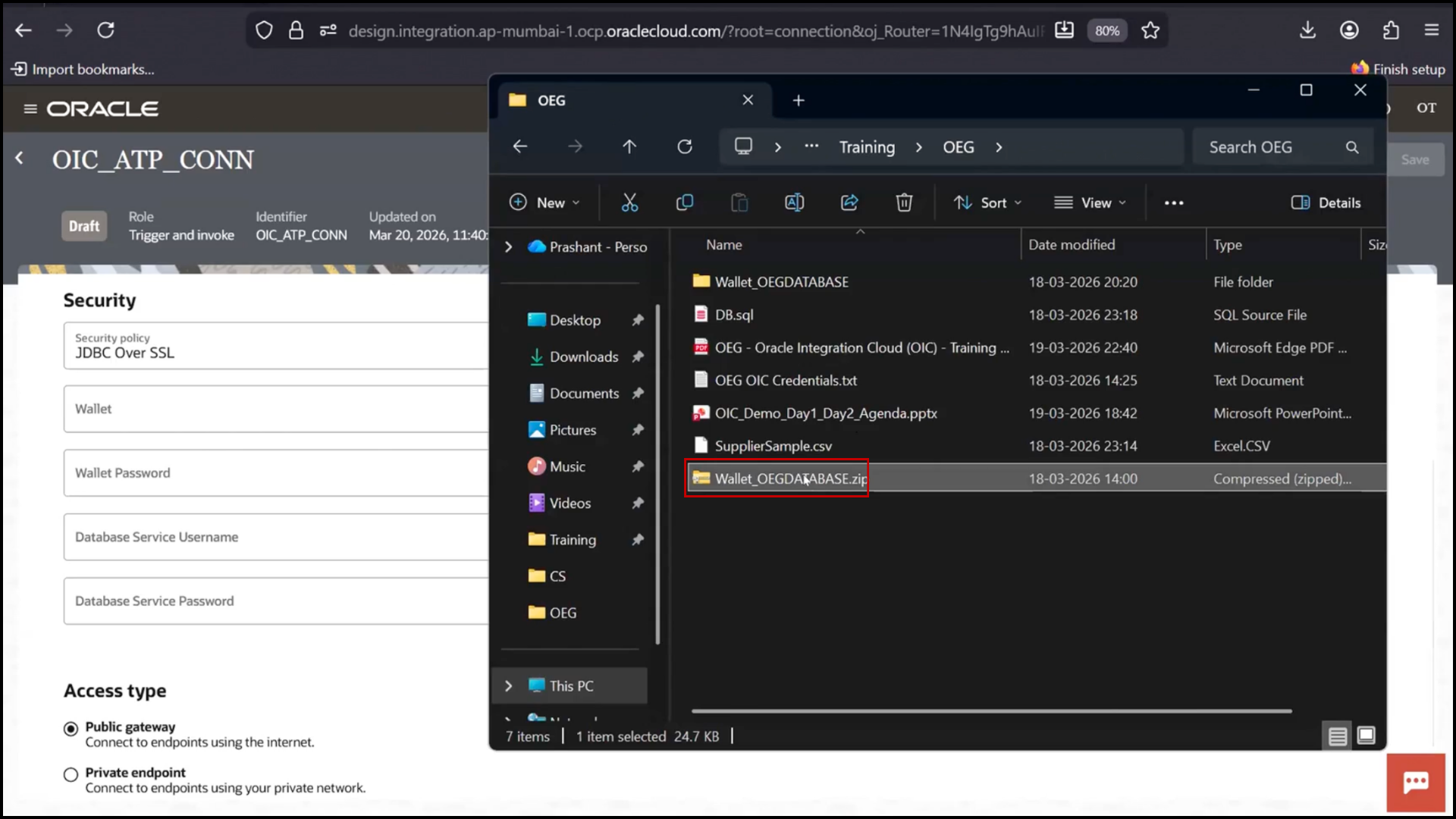 OIC connection configuration screen setting up parameters for Oracle ATP integration in Oracle Integration Cloud (OIC)