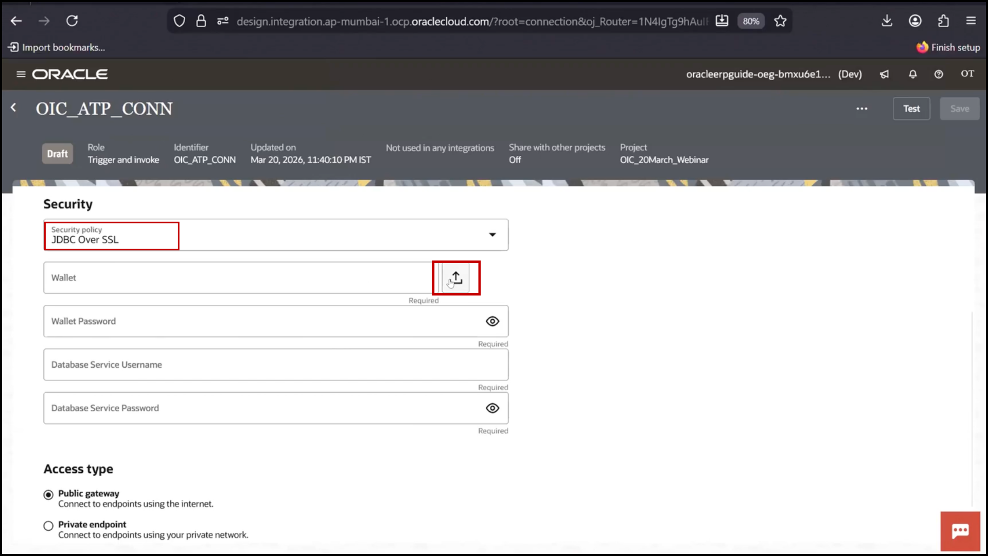 OIC ATP connection screen uploading wallet file for secure database access in Oracle Integration Cloud (OIC)
