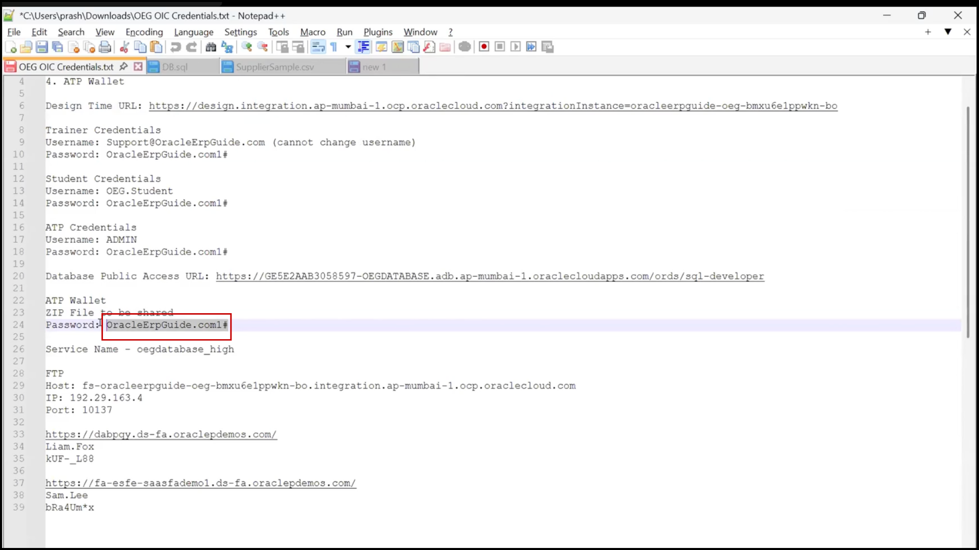 OIC ATP connection screen: entering wallet password for secure authentication in Oracle Integration Cloud (OIC)