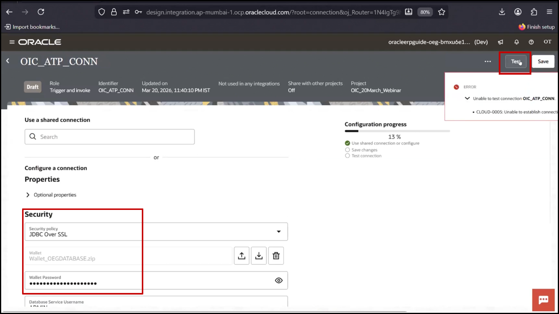 OIC ATP connection screen: adding service name and clicking Test for validation in Oracle Integration Cloud (OIC)