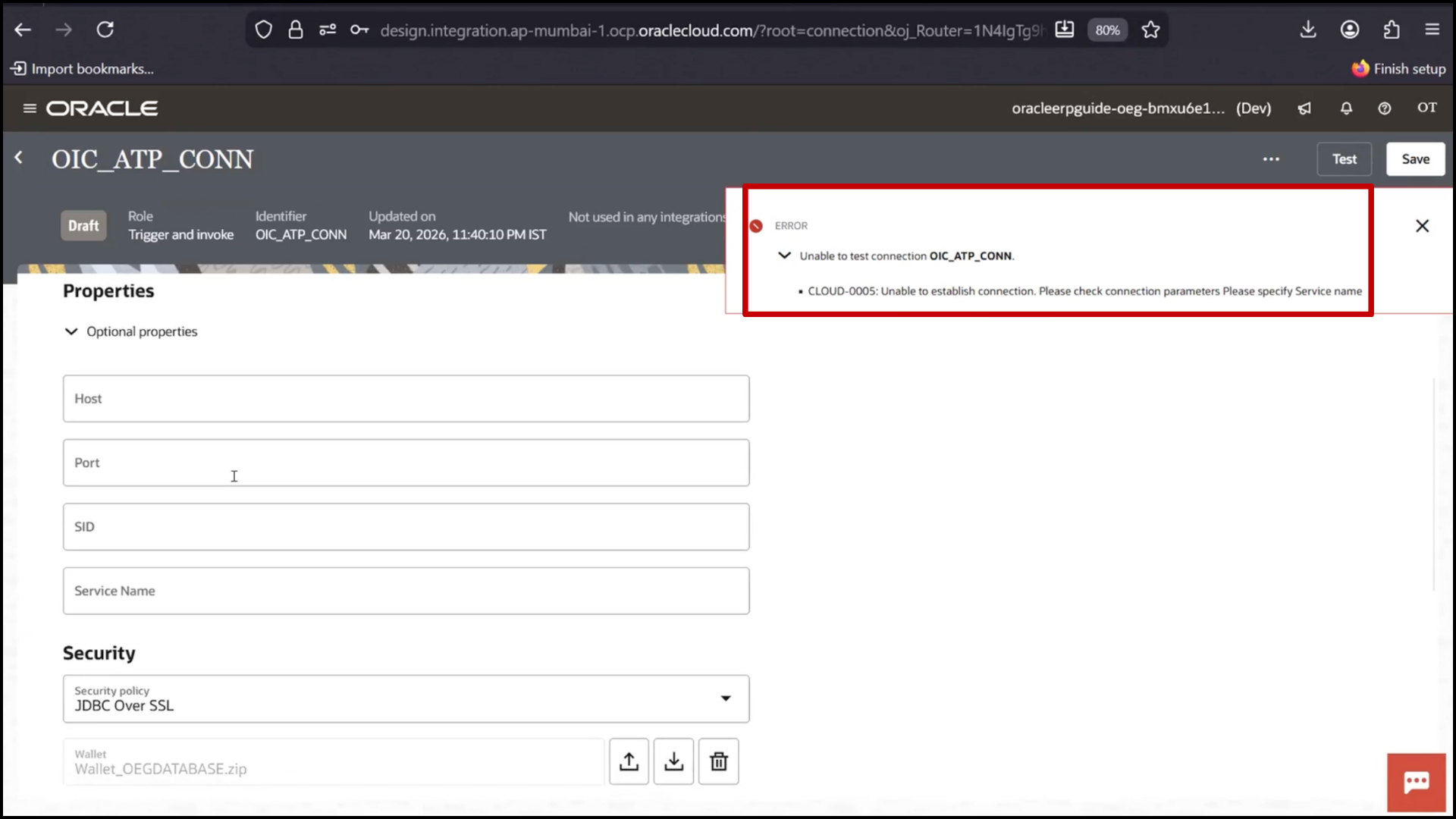 OIC ATP connection screen showing error during test validation in Oracle Integration Cloud (OIC)