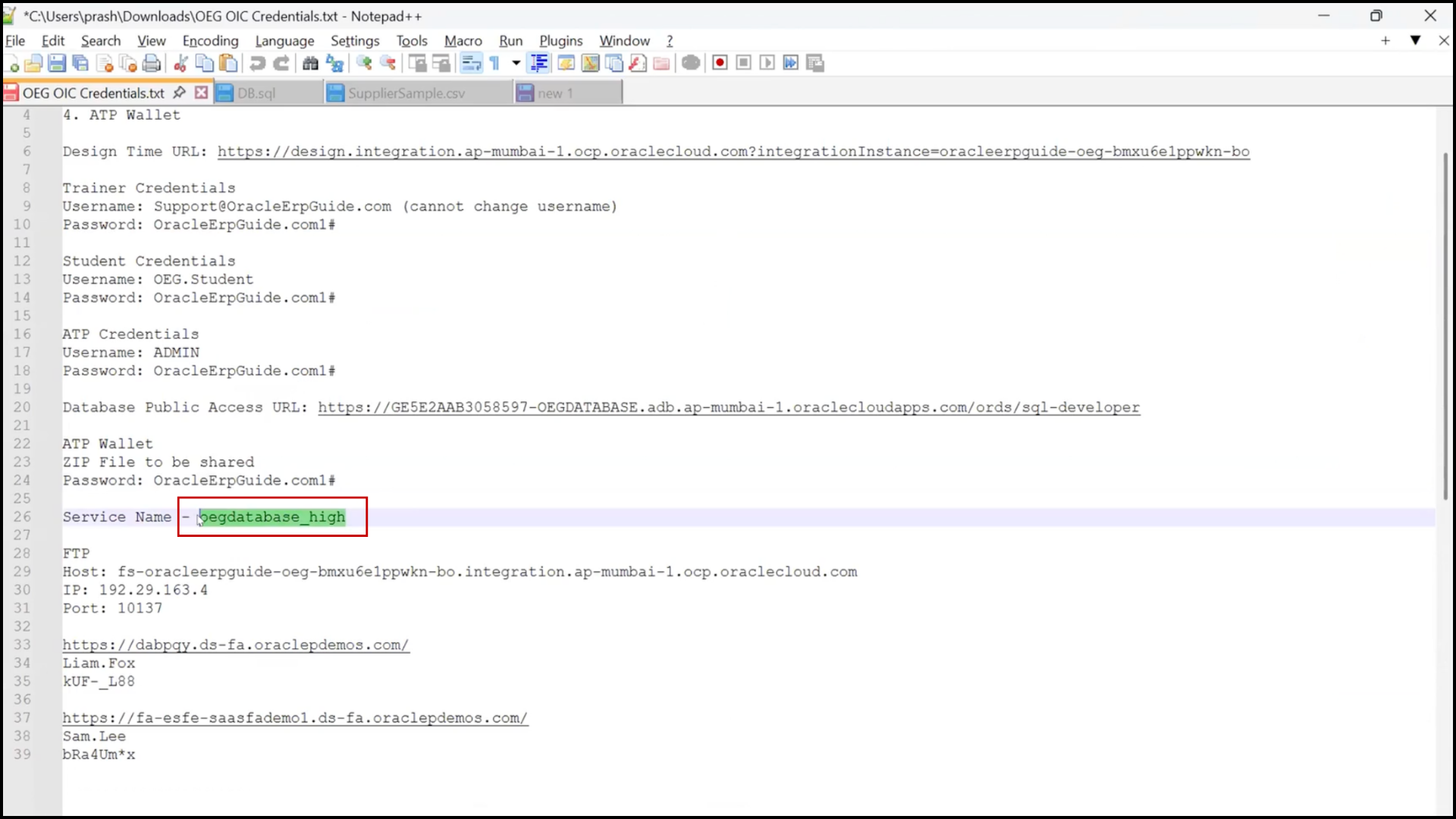 OIC ATP connection error resolution screen checking missing fields and re-entering service name in Oracle Integration Cloud (OIC)