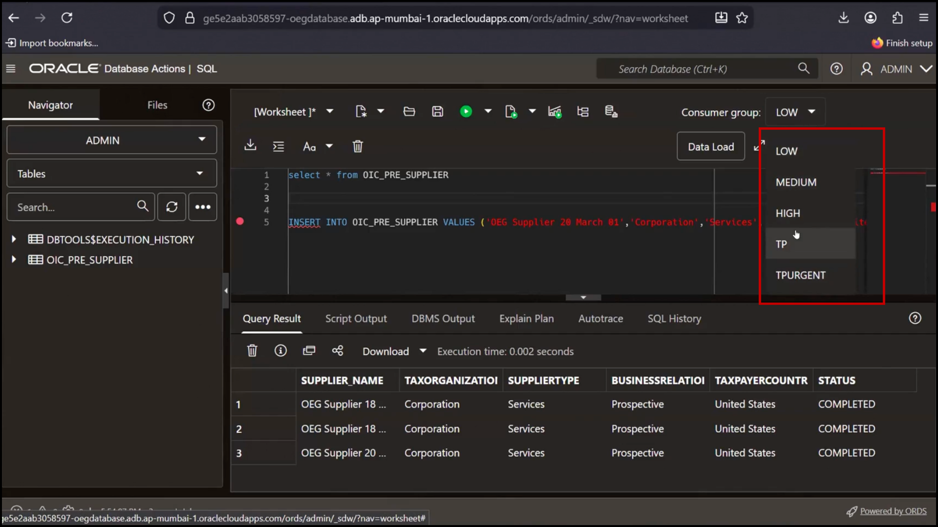 OIC ATP connection configuration screen setting priority after successful test in Oracle Integration Cloud (OIC)