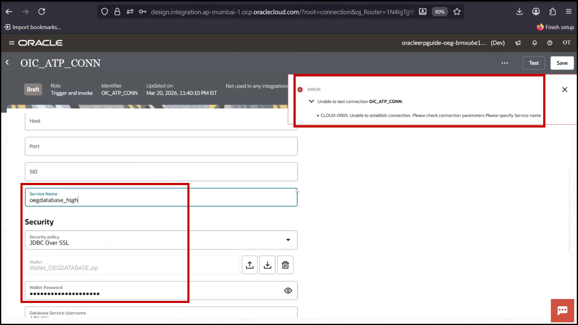 OIC ATP connection screen showing successful validation after test in Oracle Integration Cloud (OIC)