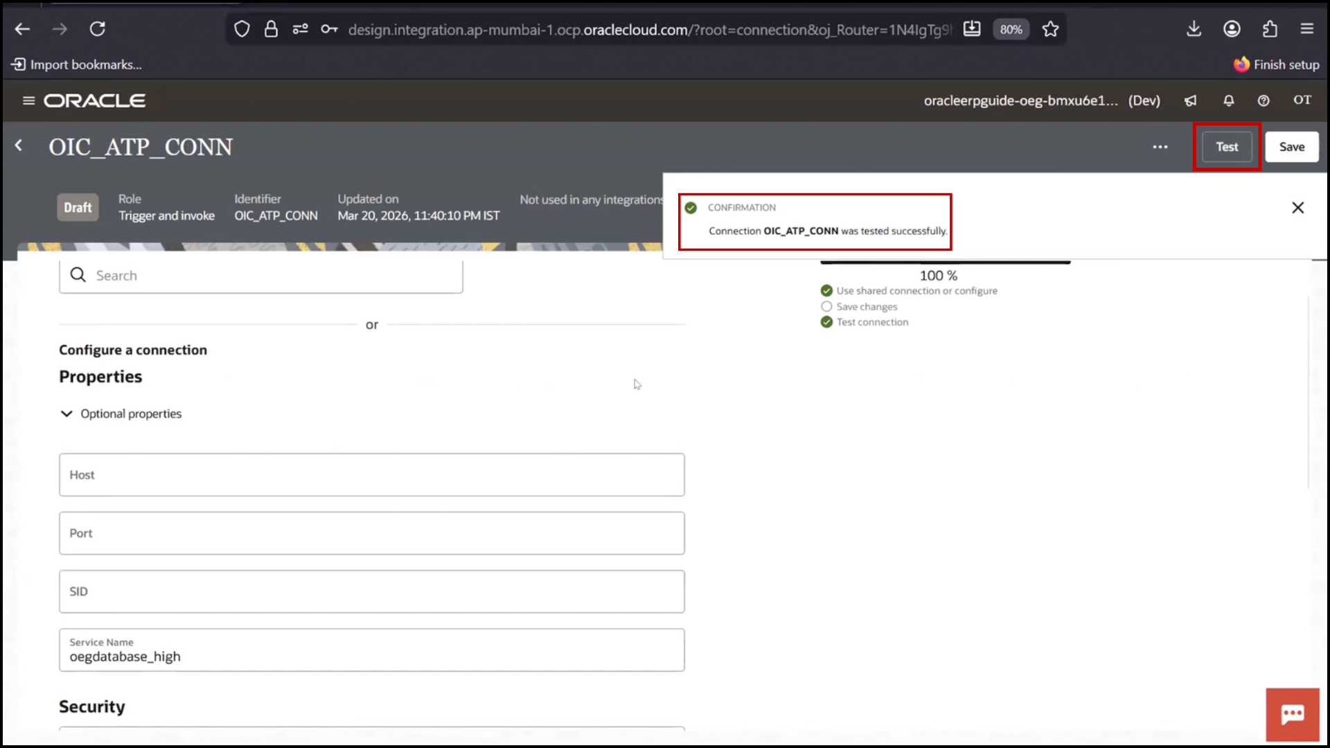 OIC ATP connection screen clicking Test to validate configuration in Oracle Integration Cloud (OIC)