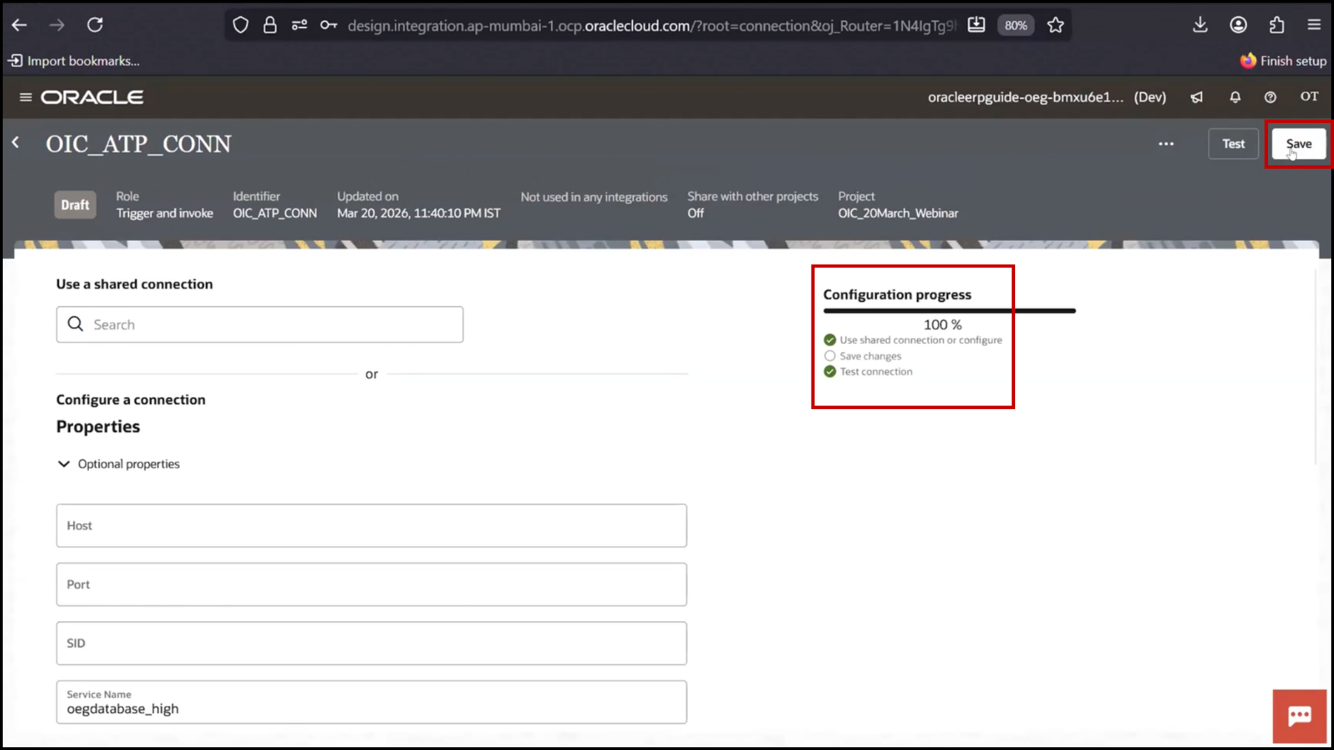 OIC ATP connection screen clicking Save after successful test in Oracle Integration Cloud (OIC)