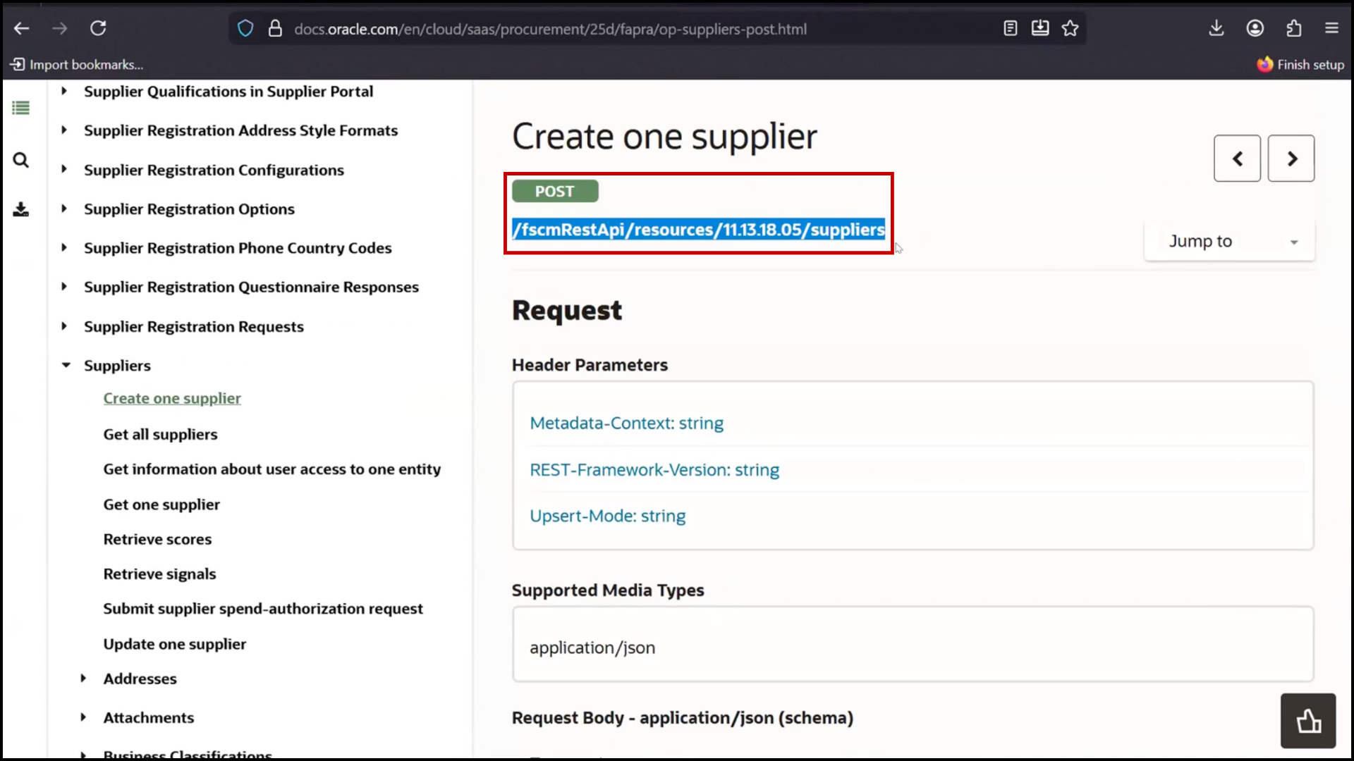 Oracle Fusion REST API screen navigating to the supplier create supplier POST link in Oracle Integration Cloud service