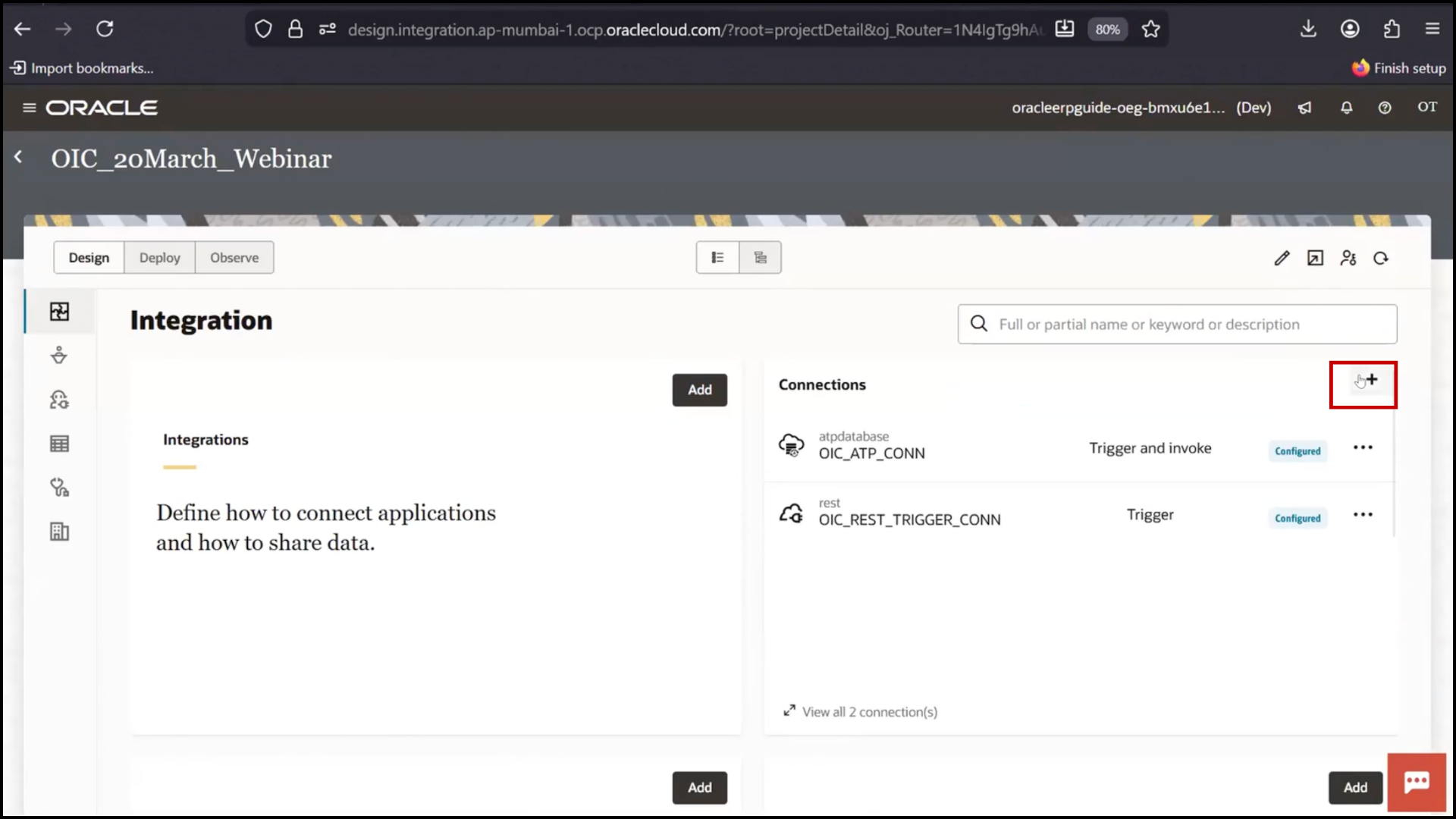 OIC connection screen clicking Create to set up Fusion REST API connection in Oracle Integration Cloud (OIC)