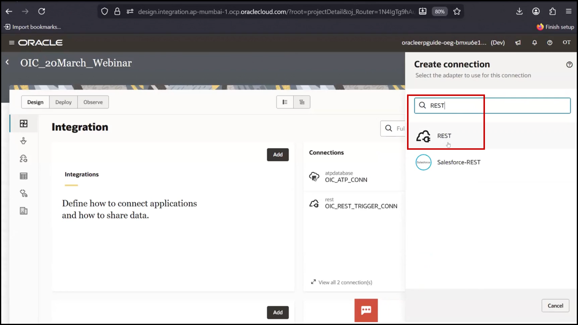 Alt text: OIC connections screen selecting REST Adapter for Oracle Integration Cloud service and API integration