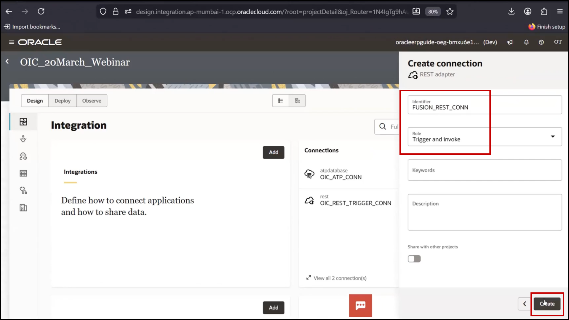 OIC connection screen entering Fusion_REST_API name and clicking Create in Oracle Integration Cloud (OIC) SaaS integration