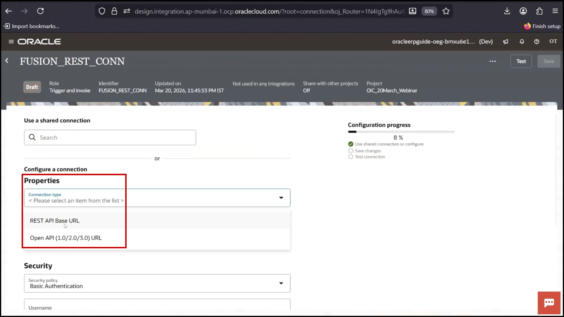 OIC Fusion REST connection configuration screen entering base URL of Oracle Fusion instance in Oracle Integration Cloud (OIC)