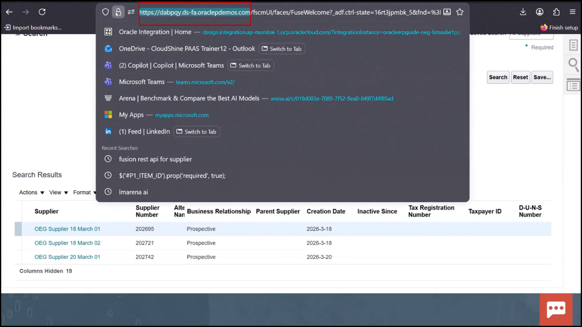 Oracle Integration Cloud (OIC) screen copying Fusion instance base URL for REST API configuration in Oracle SaaS integration