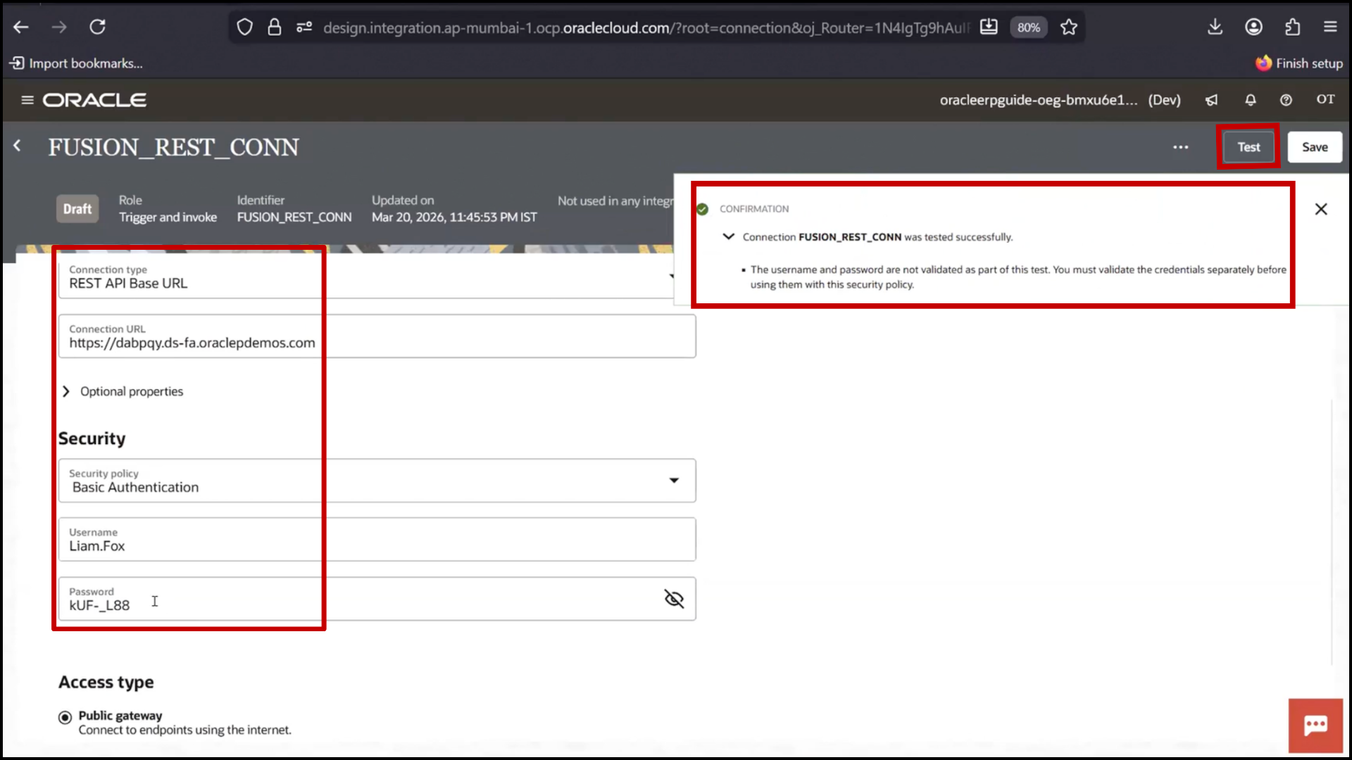 OIC Fusion REST connection screen: entering username and password and clicking Test in Oracle Integration Cloud service