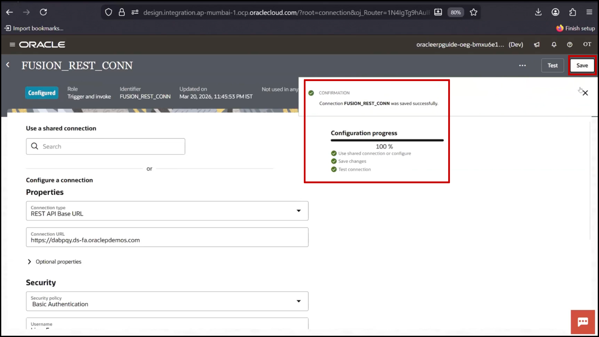 OIC Fusion REST connection screen: entering username and password and clicking Test in Oracle Integration Cloud service