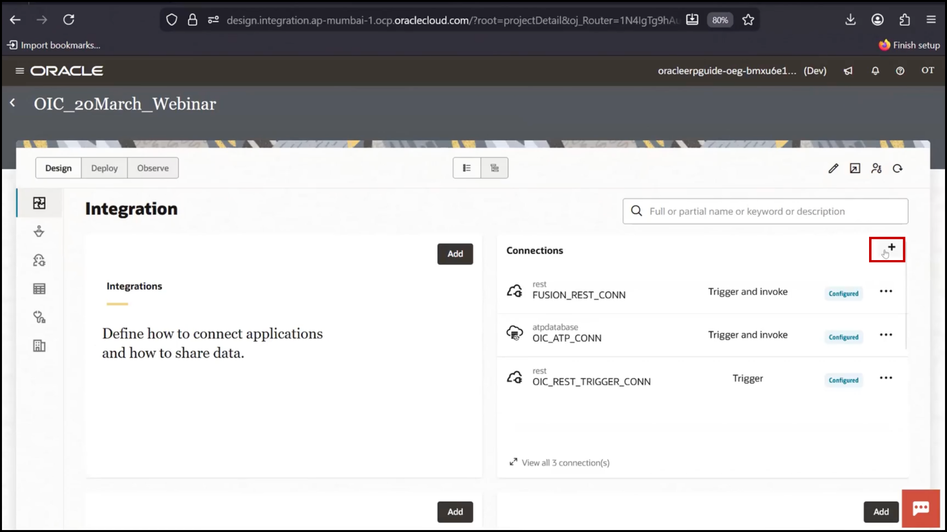 OIC connections screen clicking Create a setup for FTP connection in Oracle Integration Cloud (OIC)