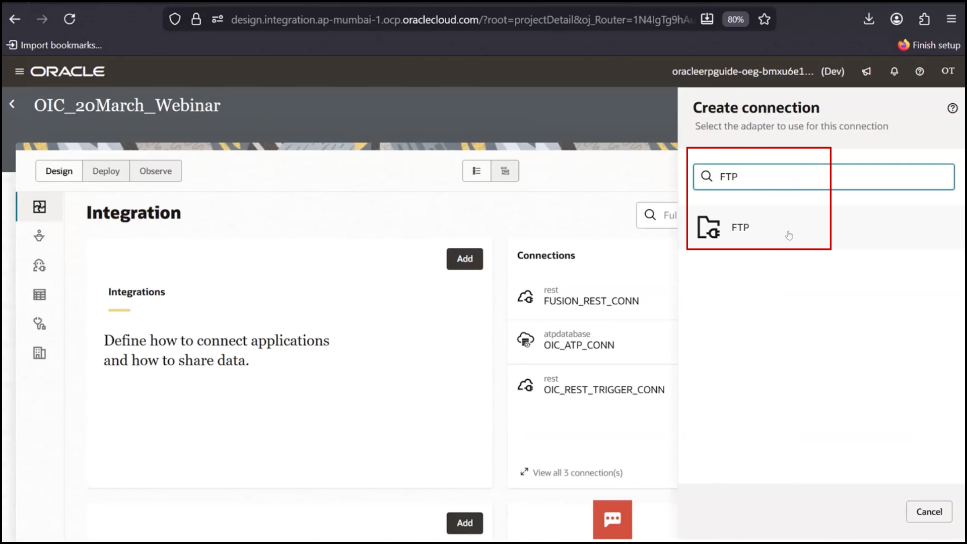 OIC connections screen selecting FTP Adapter for file transfer integration in Oracle Integration Cloud (OIC)