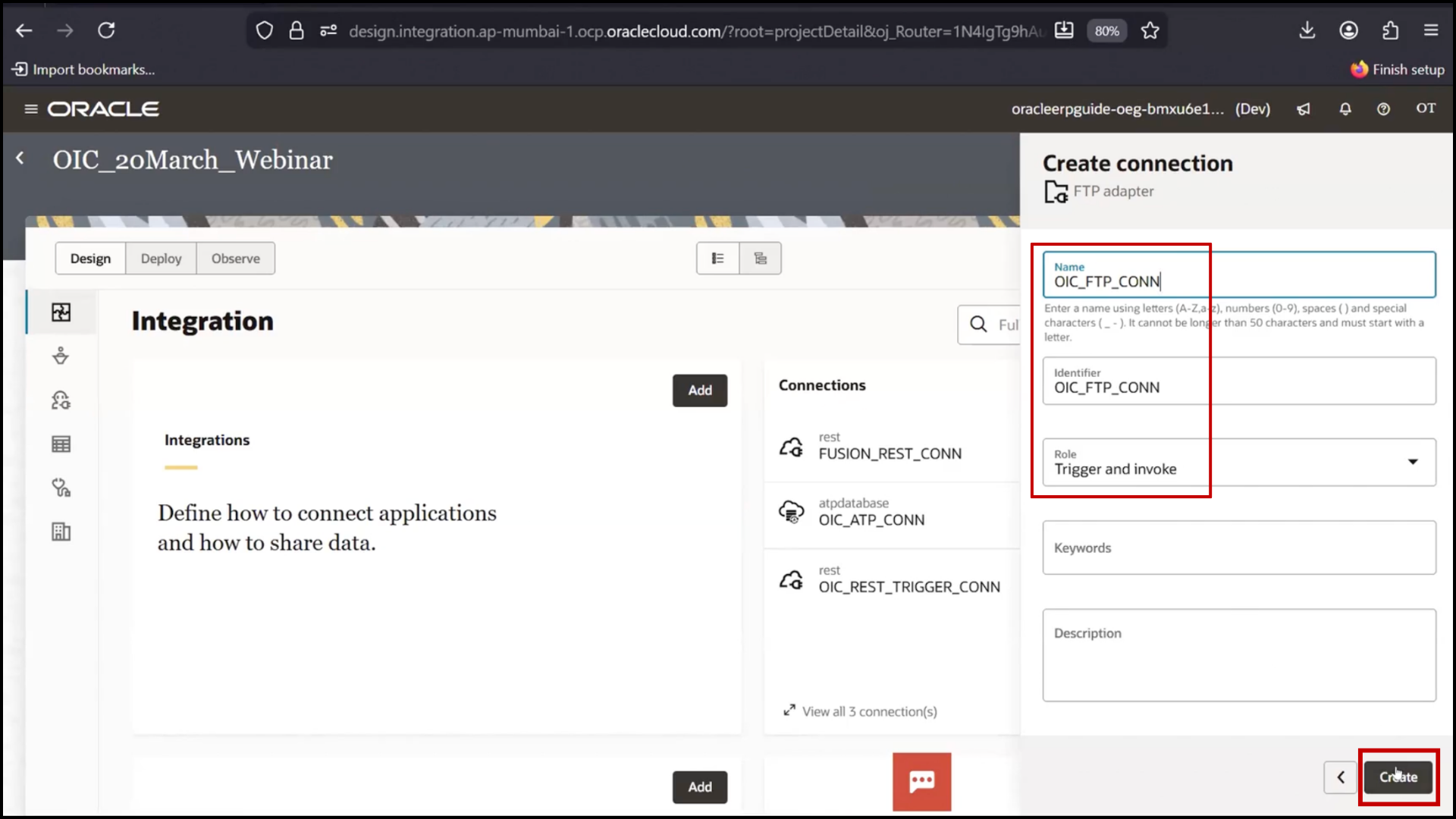 OIC connection screen entering OIC_FTP_Connection name and clicking Create in Oracle Integration Cloud (OIC)