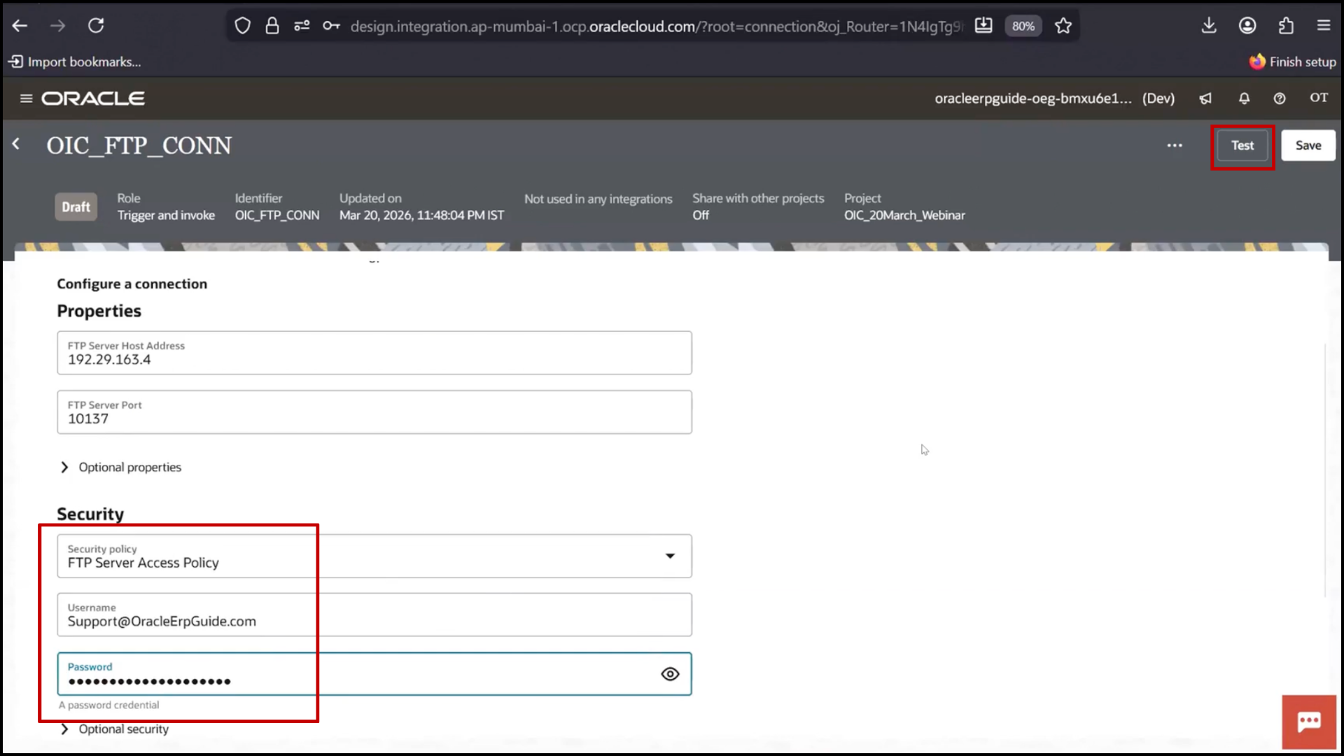 OIC FTP connection configuration screen enabling SFTP and clicking Test for secure file transfer in Oracle Integration Cloud (OIC)