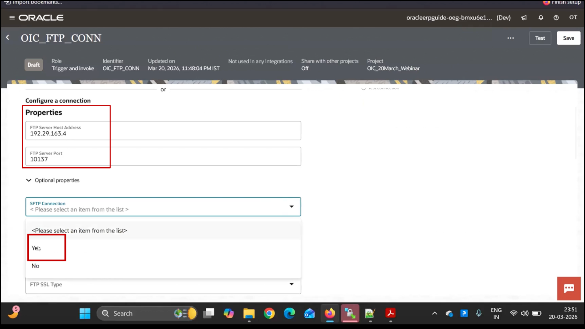 OIC FTP connection error screen checking host and port settings and enabling SFTP in Oracle Integration Cloud (OIC)