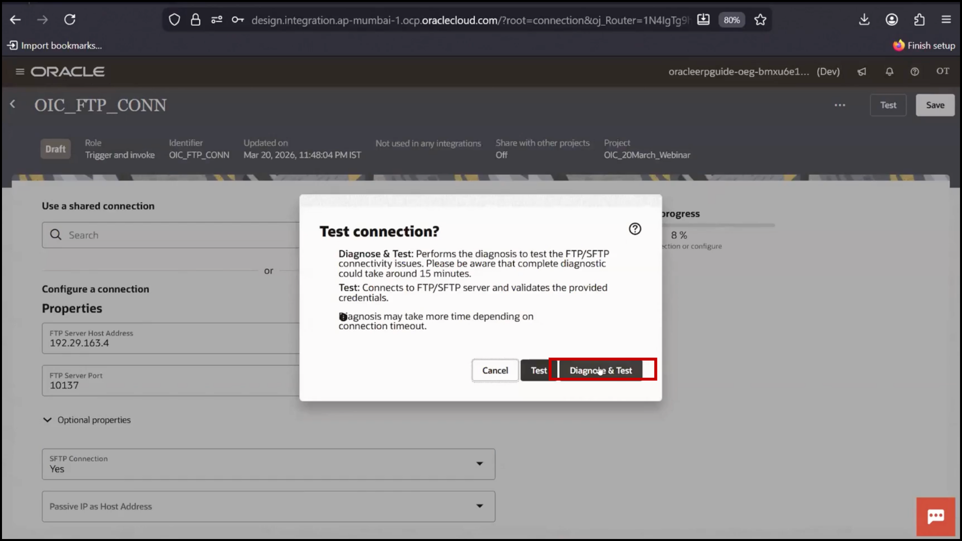 OIC FTP connection screen running diagnose and test to validate configuration in Oracle Integration Cloud (OIC)