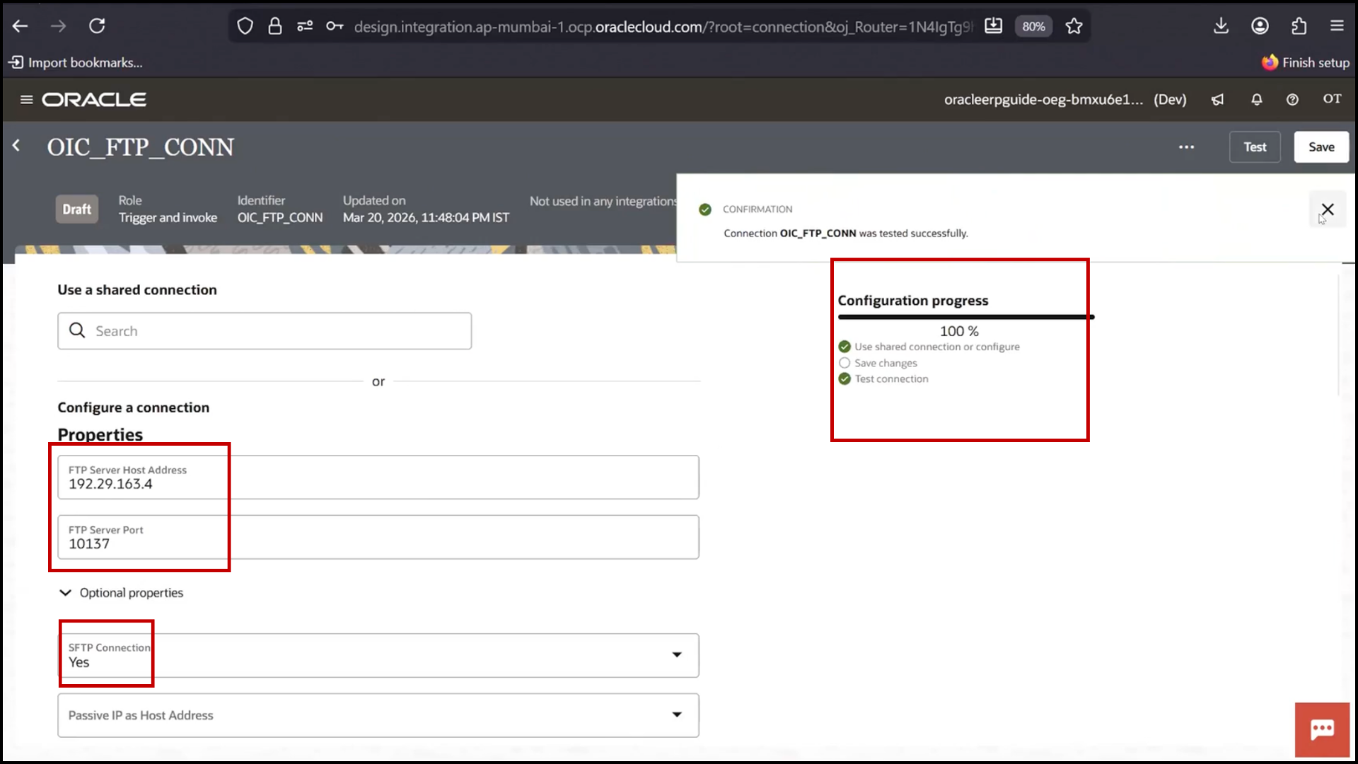 OIC FTP connection screen clicking Test and Save to validate and store configuration in Oracle Integration Cloud (OIC)