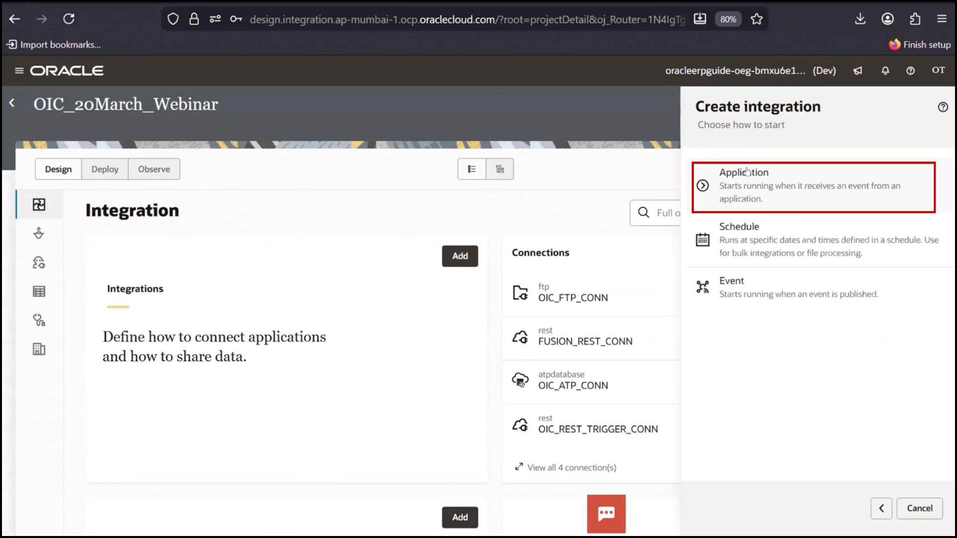 OIC integrations page selecting Create Integration and choosing Application Integration in Oracle Integration Cloud (OIC)