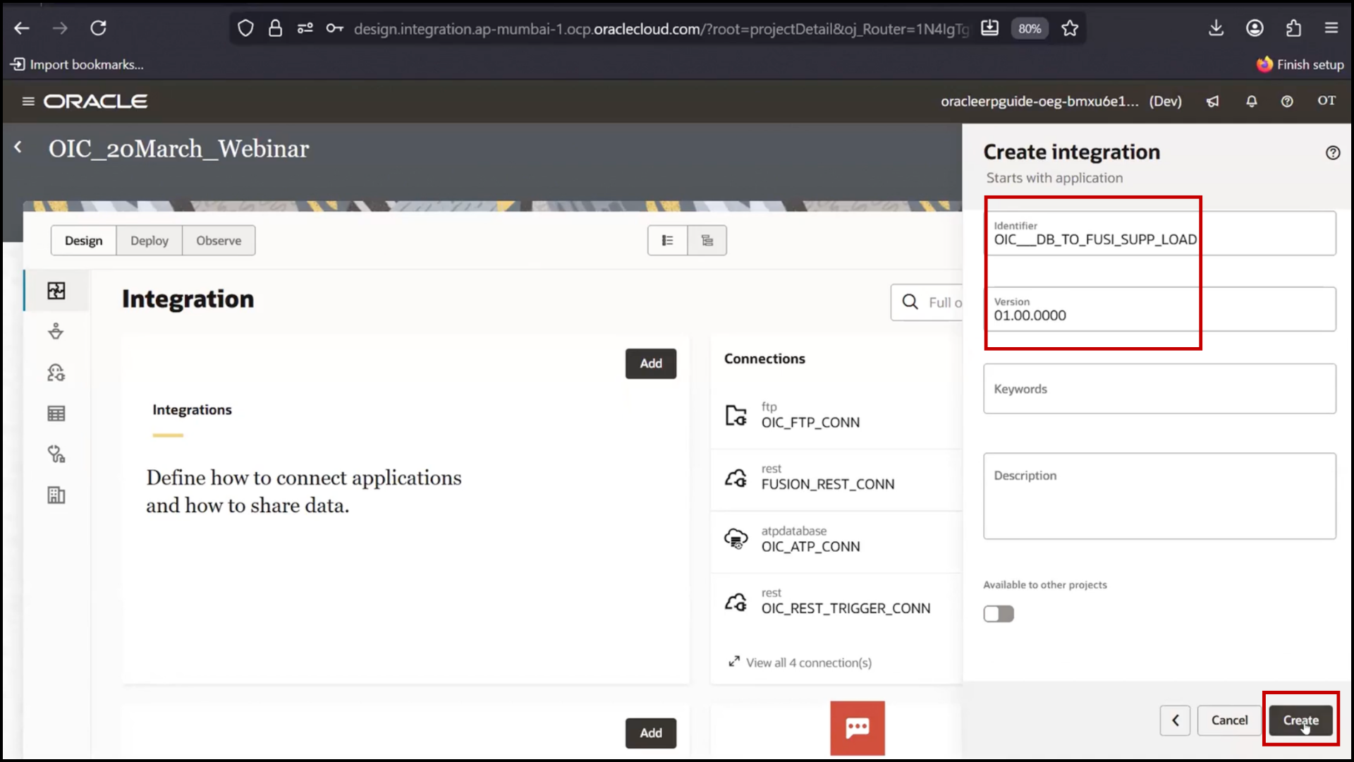 OIC integration creation screen entering OIC DB to Engine Supplier Load name in Oracle Integration Cloud (OIC)