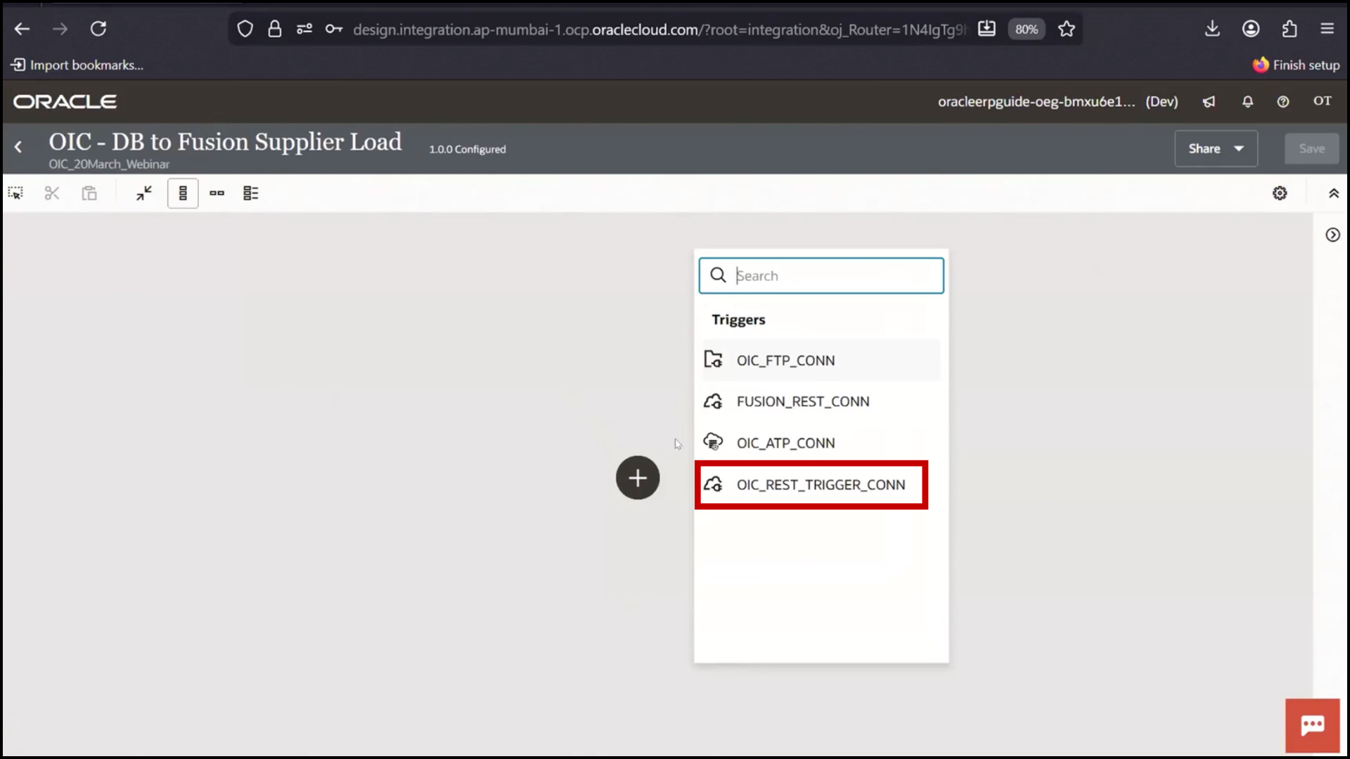 OIC integration setup screen: entering logical name and selecting trigger connection in Oracle Integration Cloud (OIC)