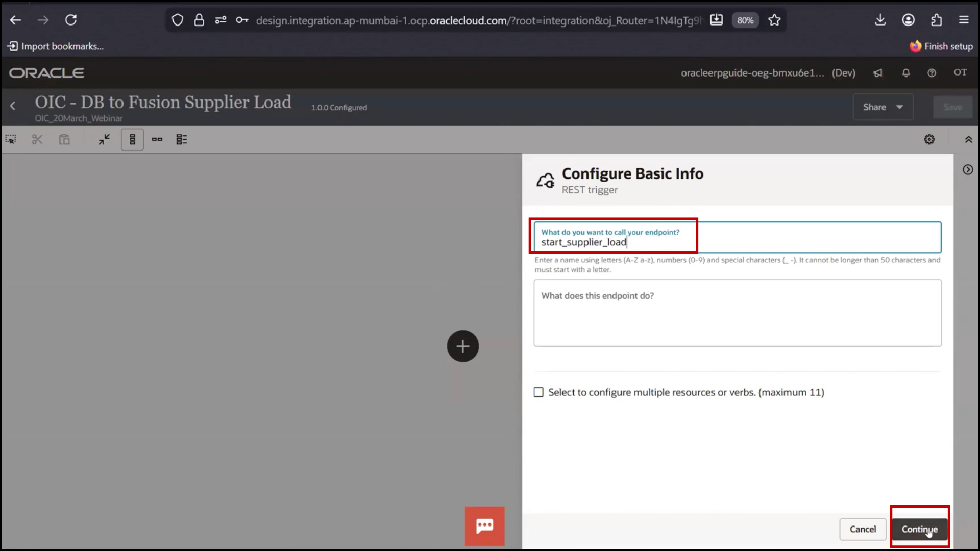 OIC integration setup screen configuring basic information and clicking Continue in Oracle Integration Cloud (OIC)