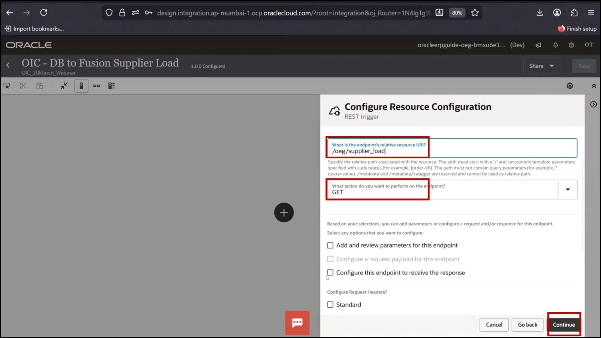 OIC integration setup screen configuring resource configuration settings in Oracle Integration Cloud (OIC)