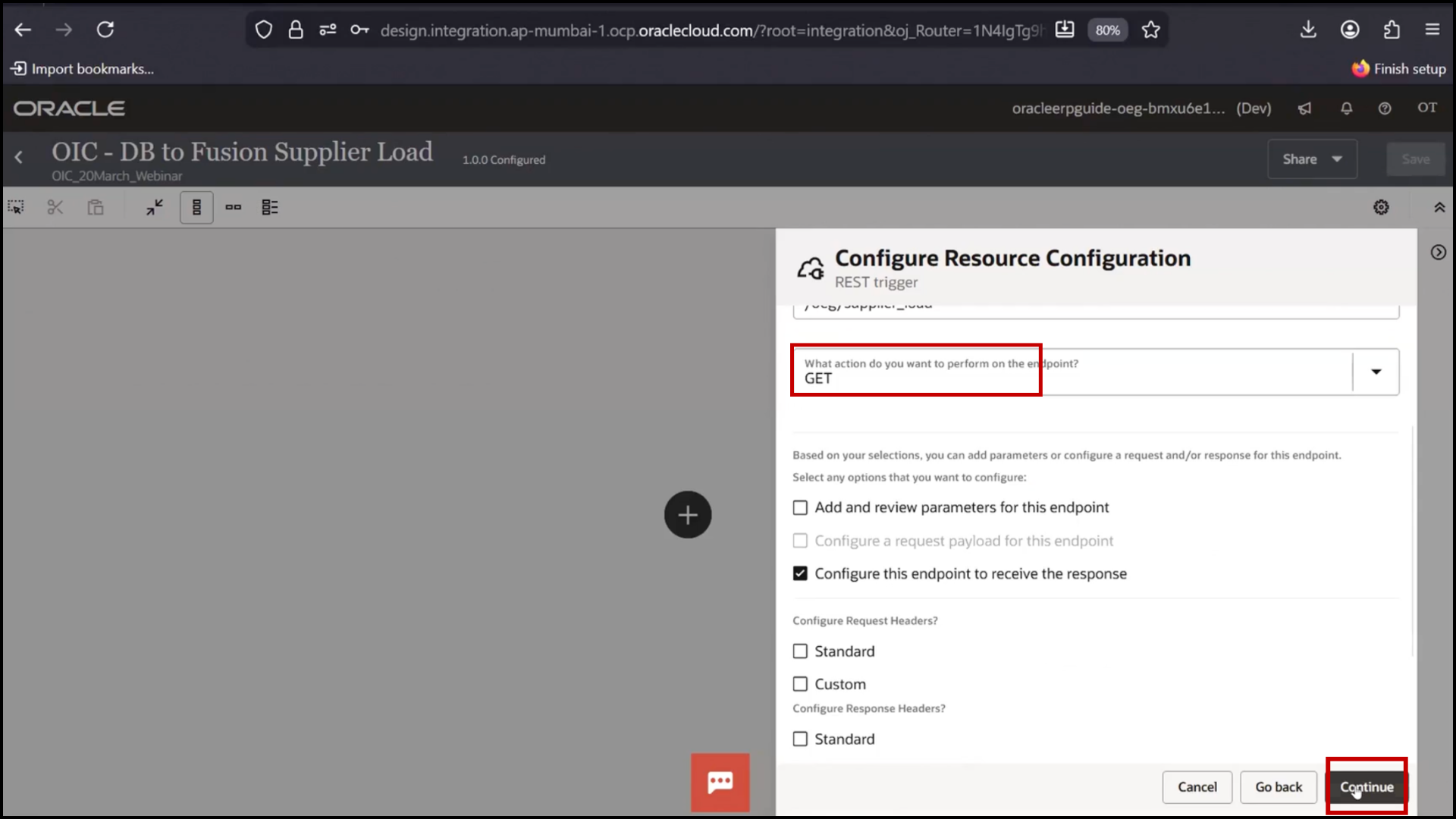 OIC REST integration screen entering relative endpoint for API configuration in Oracle Integration Cloud (OIC)